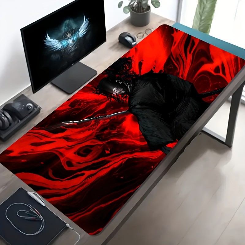 A Large Gaming Mouse Pad Featuring a Red And Black Design with a Sword-Wielding