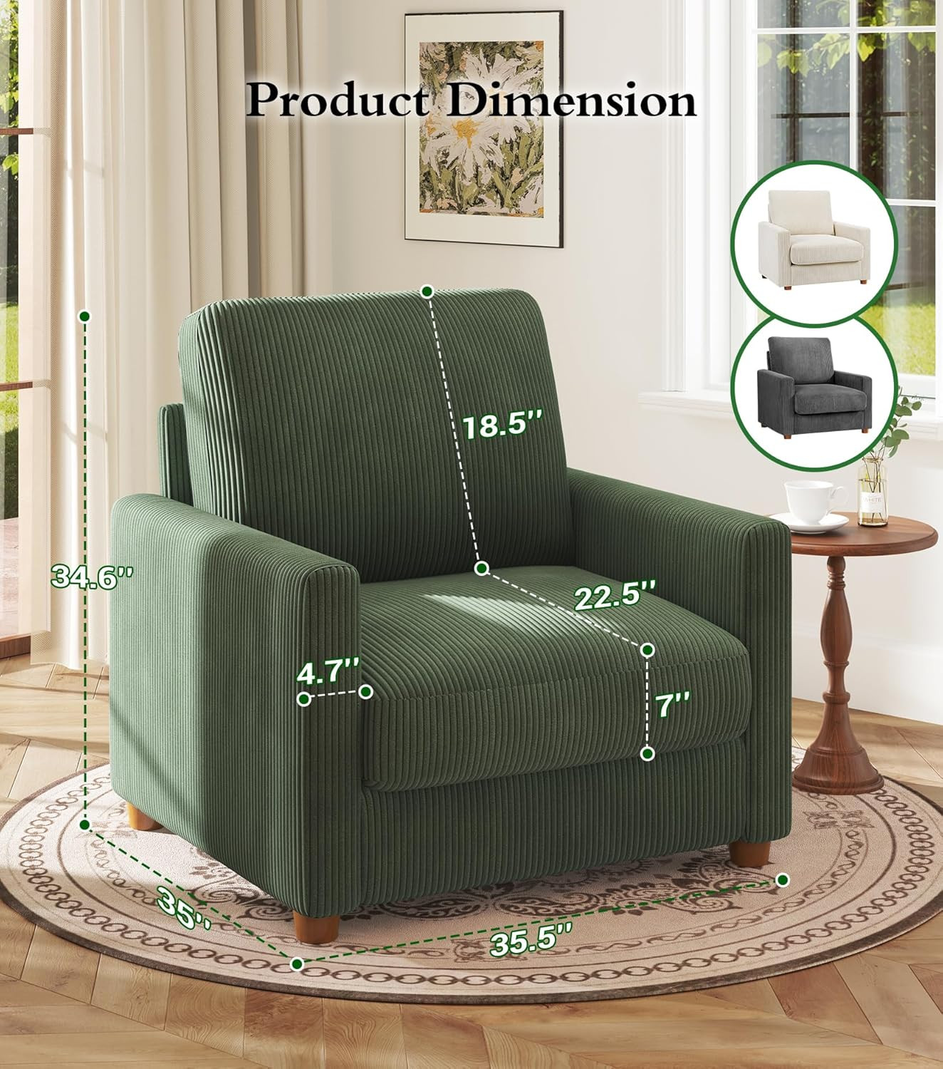 35.5In Corduroy Sofa Accent Chair, Tool-Free Setup Living Room Couch Accent Chai