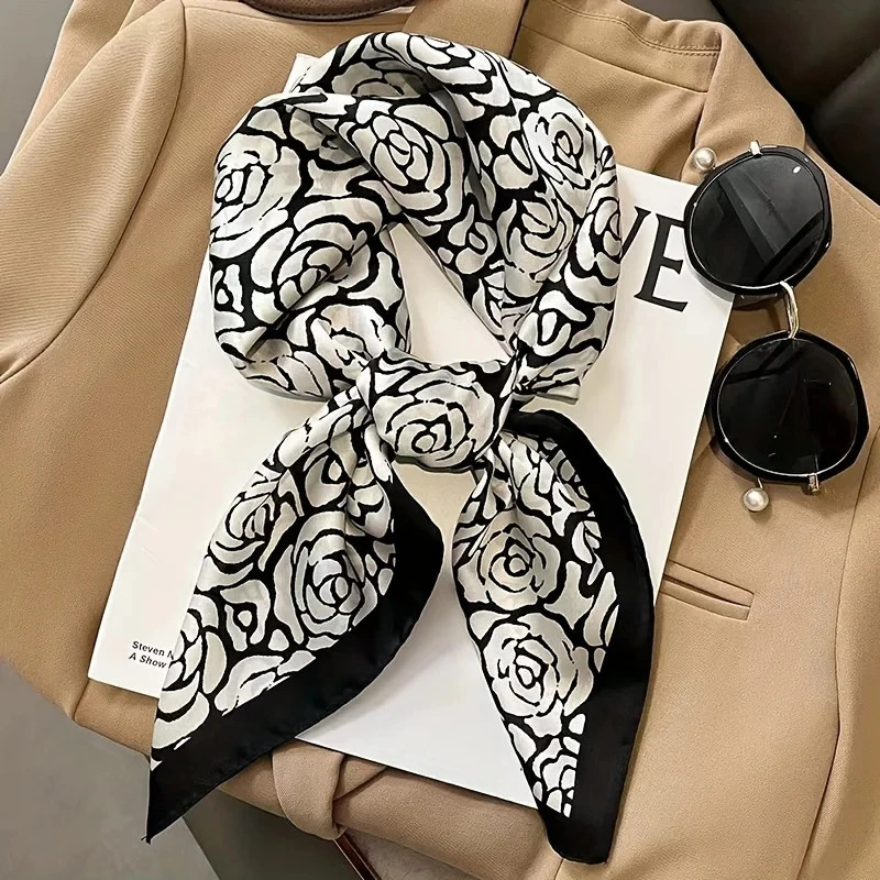 Black White Rose Printed Square Scarf Luxury Brand Thin Silky Neck Scarf Spring