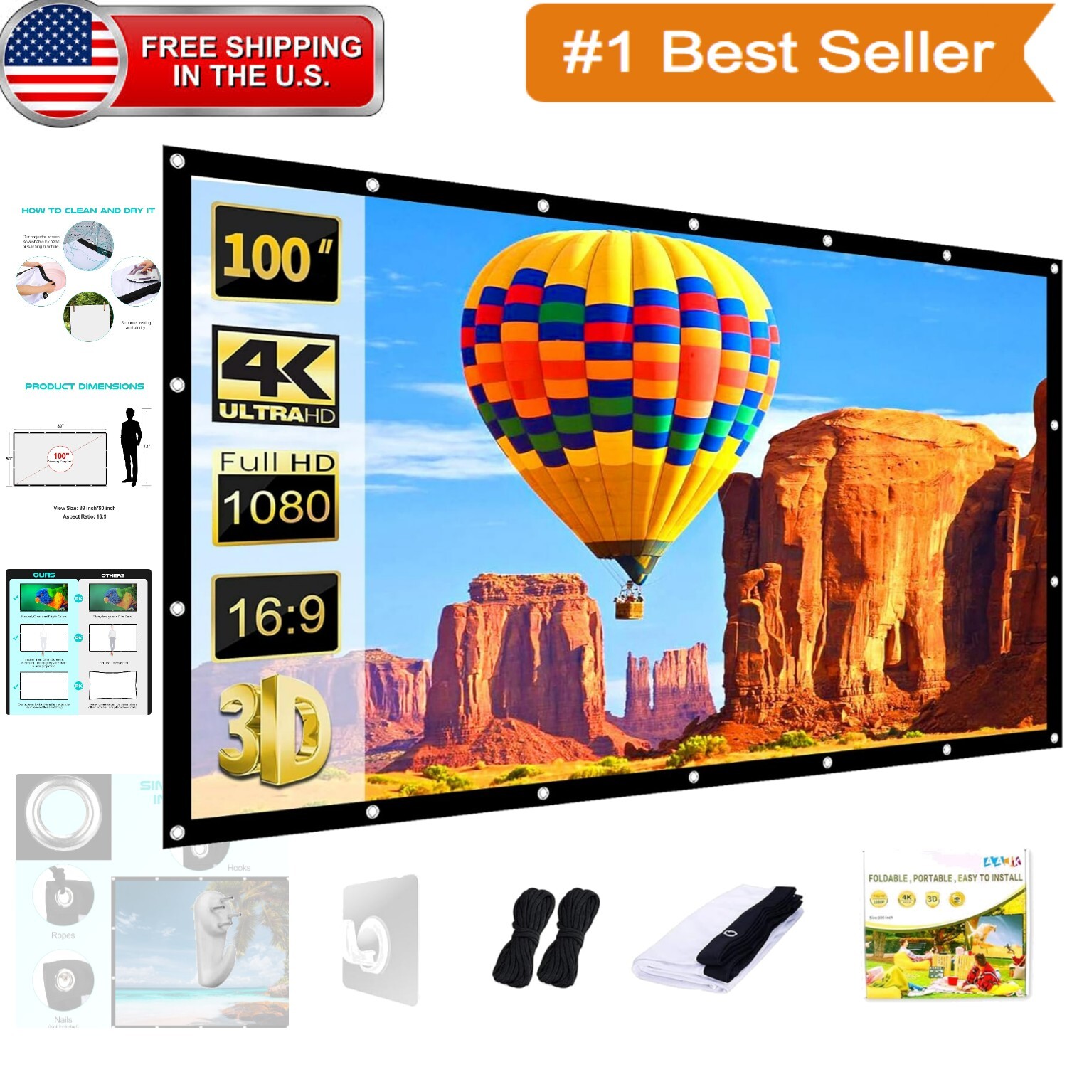 Lightweight 100-Inch Projector Screen - Perfect for Indoor/Outdoor Presentations