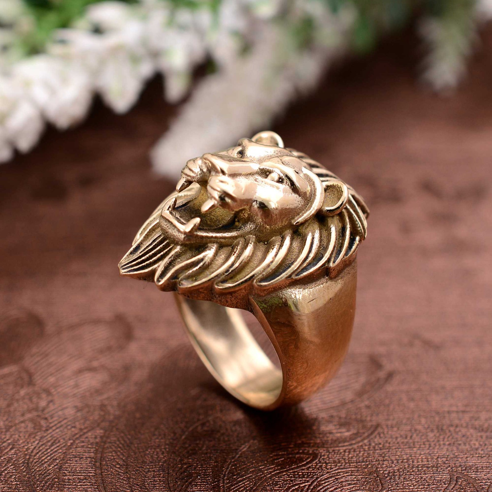 Mens Ring Solid Lion Gold Brass Ring Animal Ring Signet Ring Gift for him