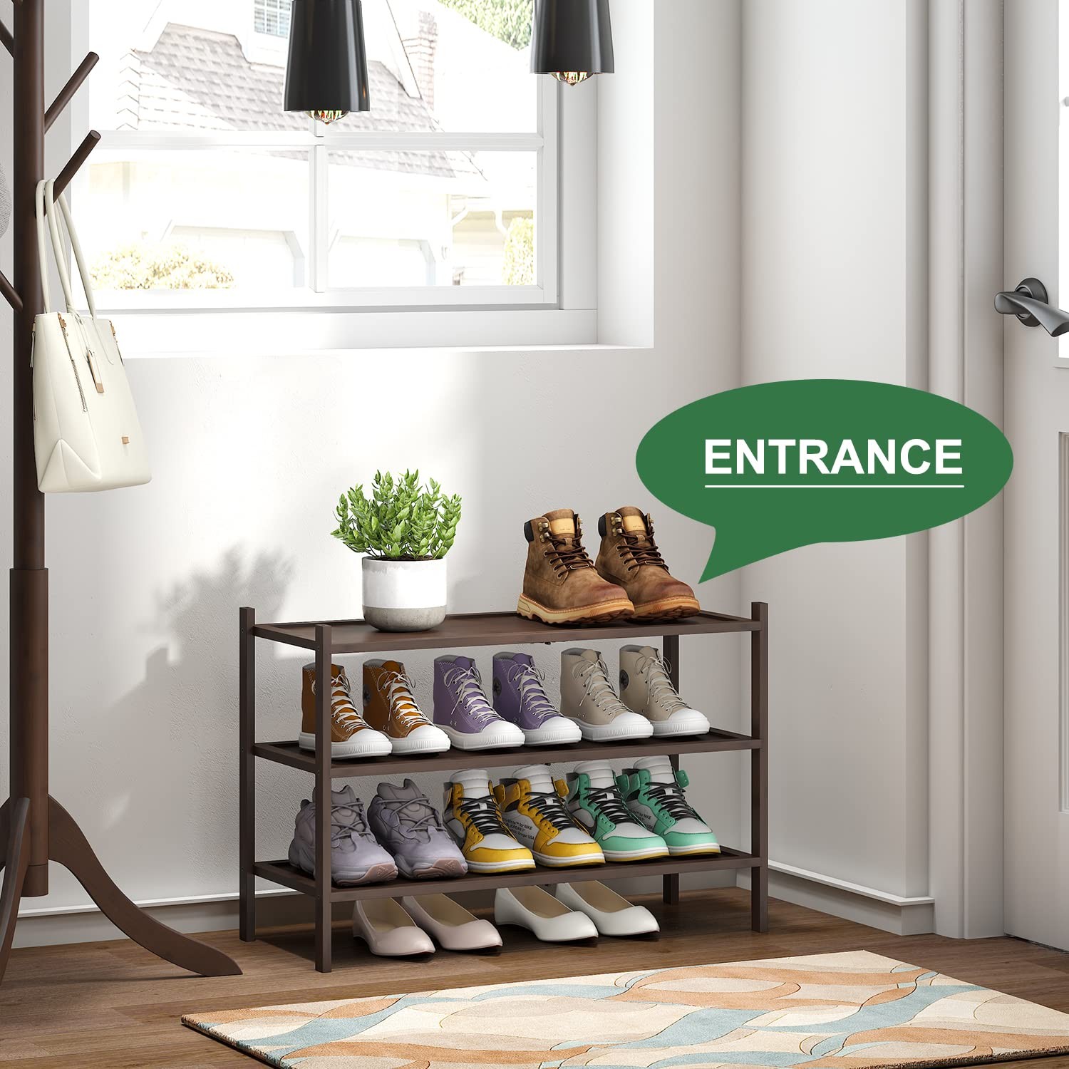 Bamboo Shoe Rack for Entryway, 3-Tier Stackable | Foldable | Natural, Shoe Or...