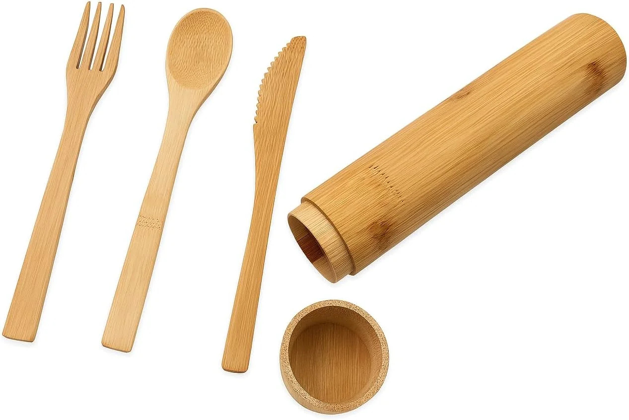 Eco-Friendly Travel Utensils Set: Lightweight Bamboo Forks, Spoons, Knives in Wo