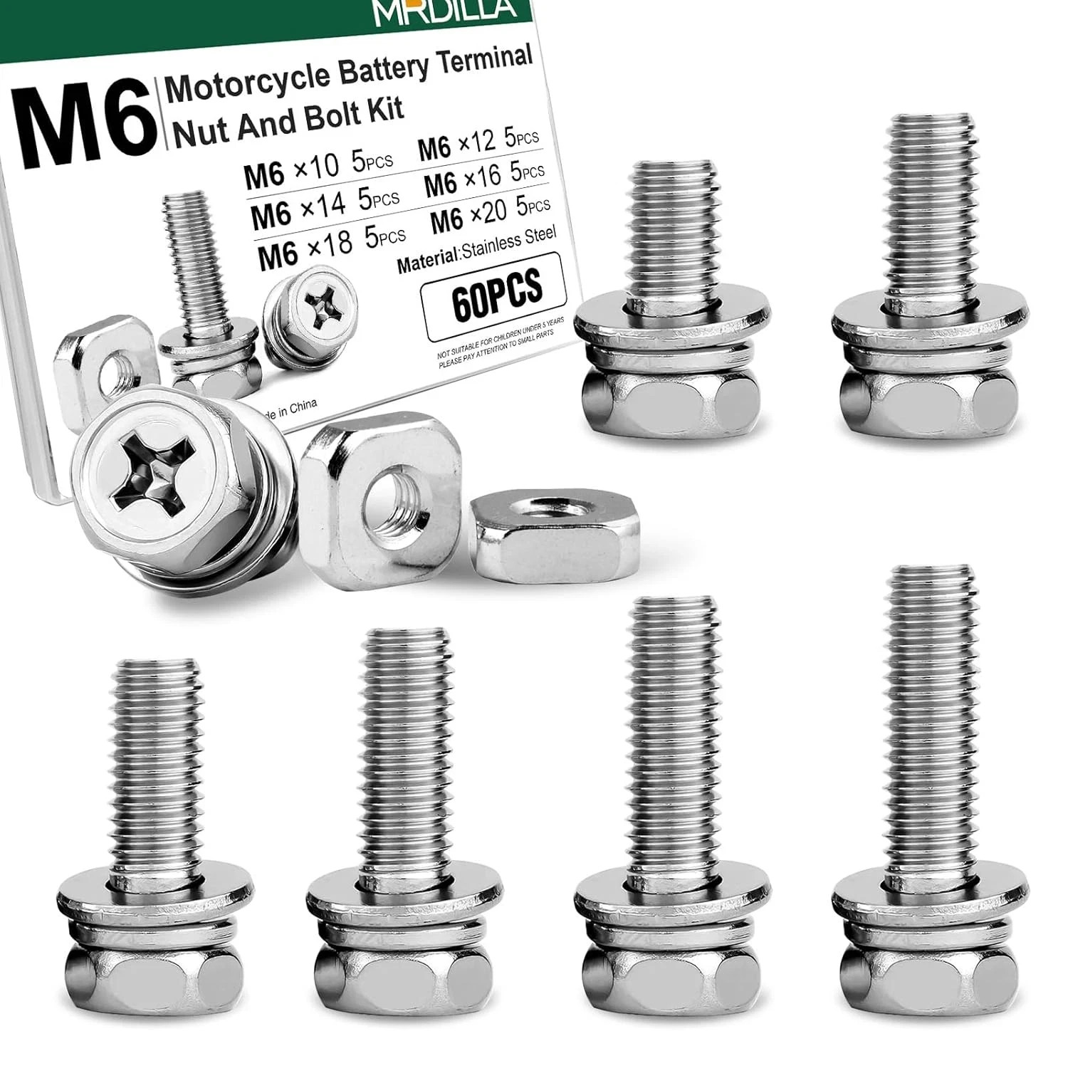 60Pcs Motorcycle Battery Terminal Nut and Bolt Kit M6 10/12/14/16/18/20Mm Steel