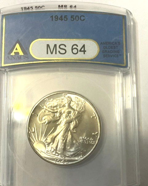 1945 WALKING LIBERTY HALF DOLLAR ANACS -64 BRIGHT WHITE ,REAL NICE COIN FOR A 64