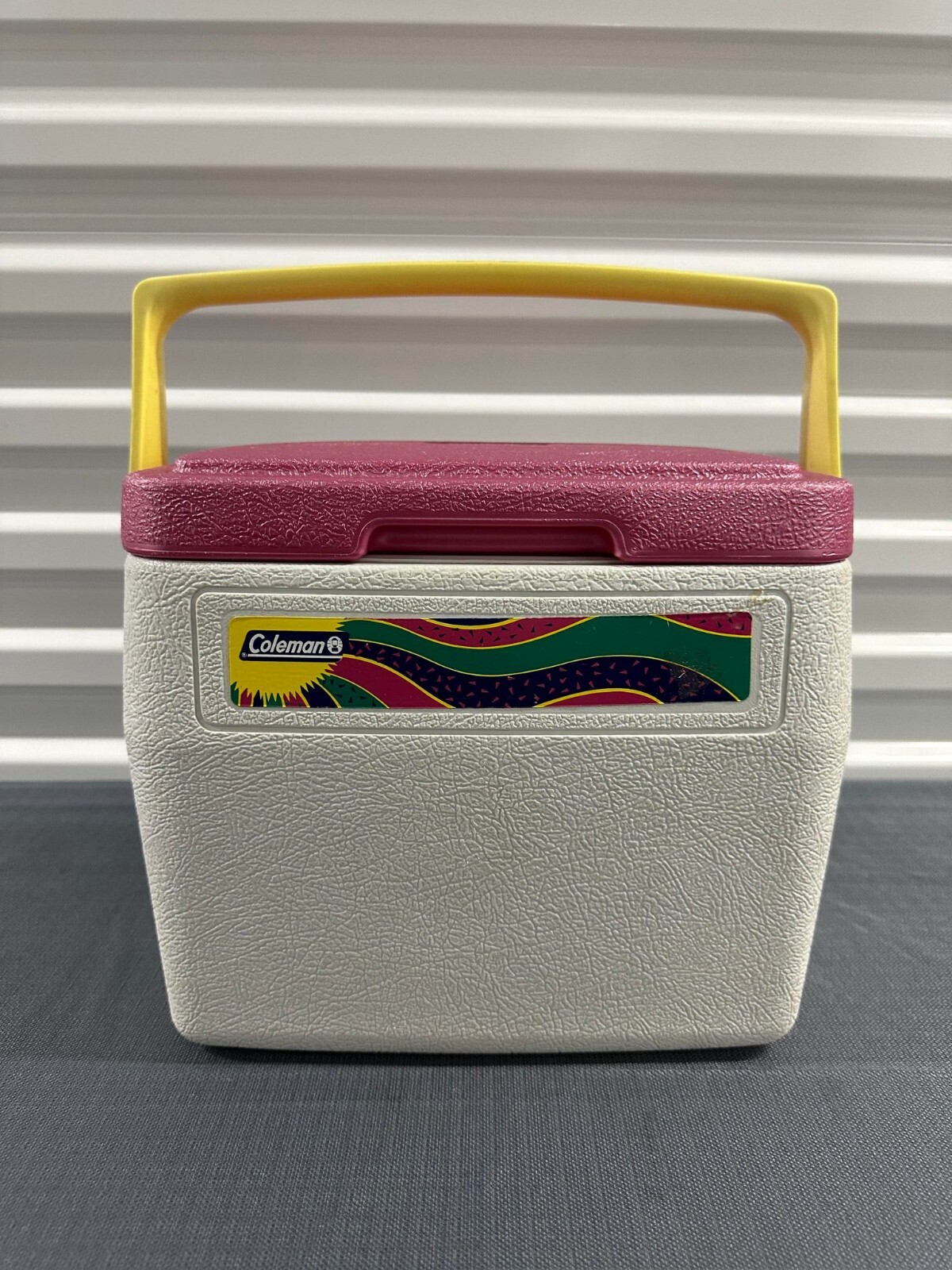 Vintage 90s Retro Coleman Personal 8 Cooler 5272 Pink Lid Yellow Handle