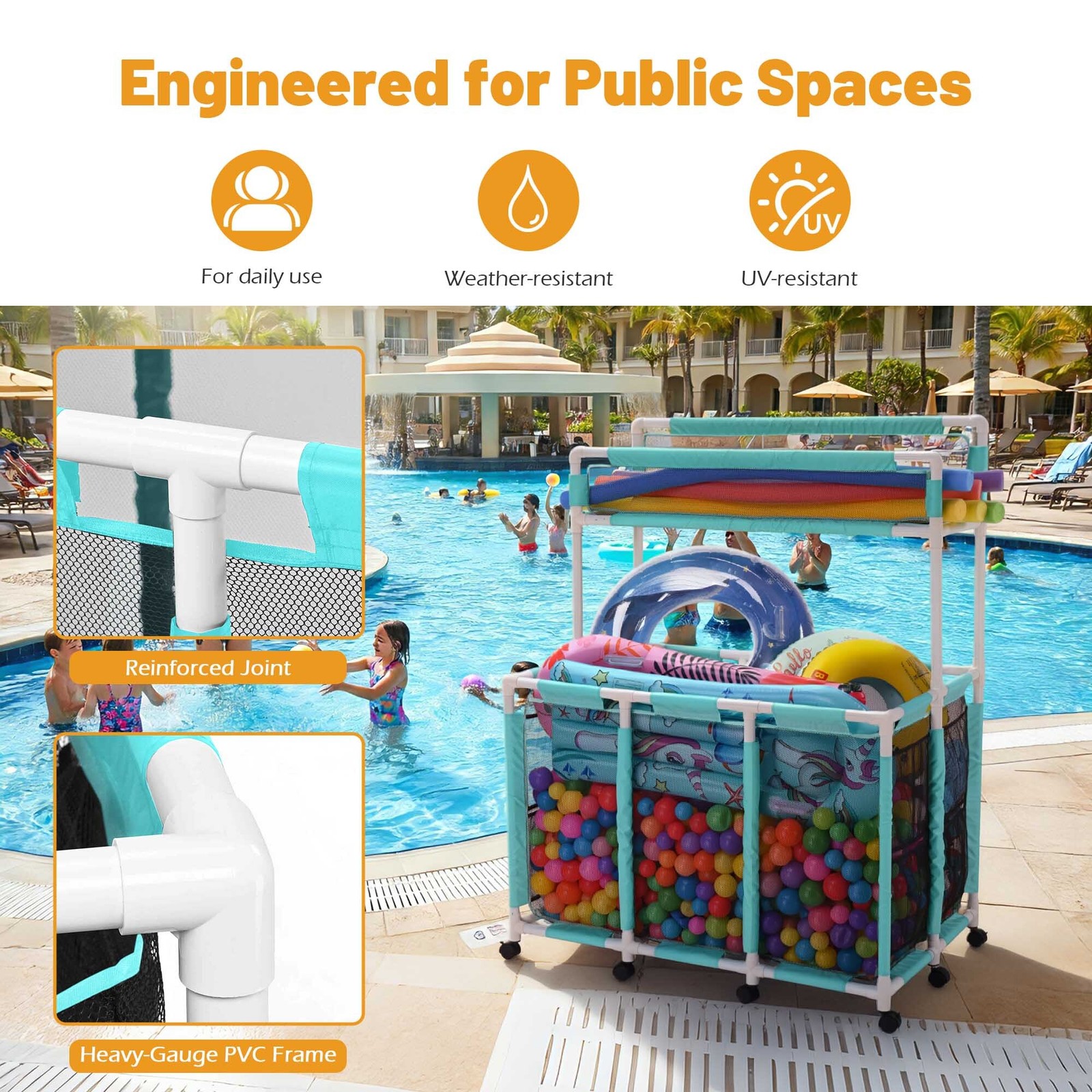 Yescom 424Gal Pool Float Storage Blue Net Replacement 2 Tiers Rolling Toys Bin