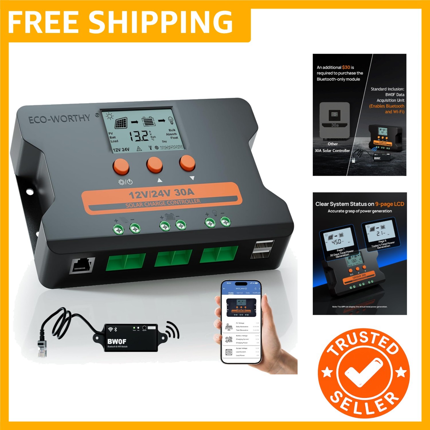 Versatile 30A Solar Charge Controller for 12V/24V Systems - Durable & Smart