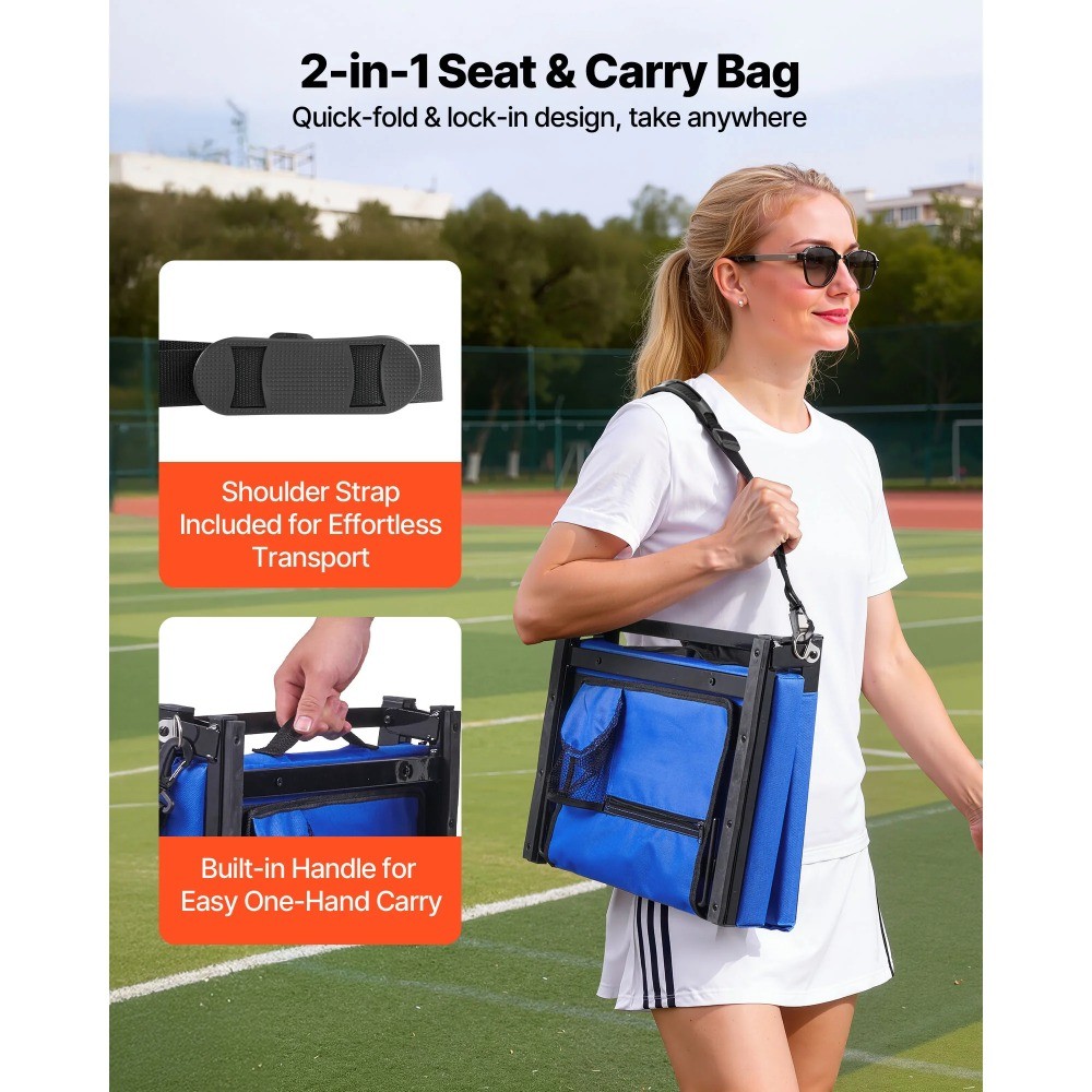 Seat with Backrest and Cushion, Portable Bleacher Chair with Shoulder Strap