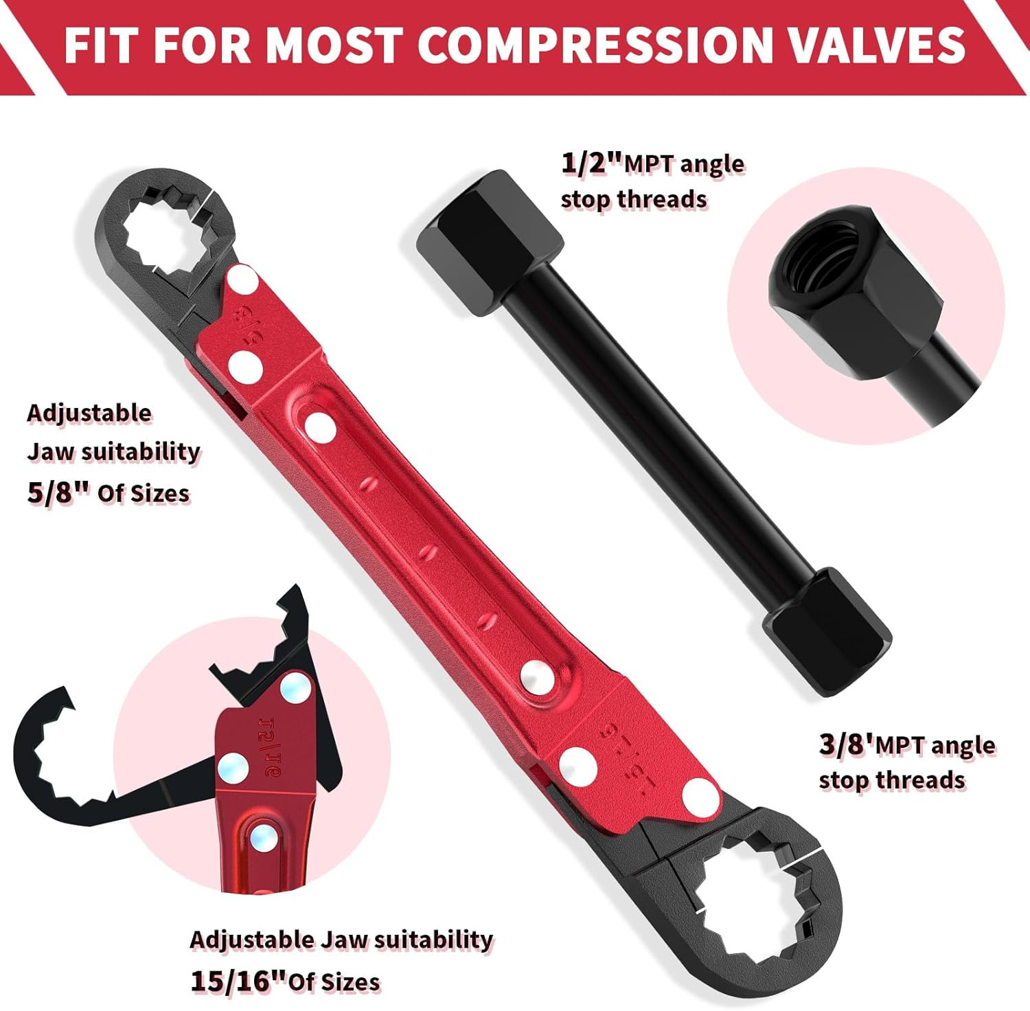 Plumbing Tools Angle Stop Wrench Kit - 3-Piece Plumber Tool Set with Compression