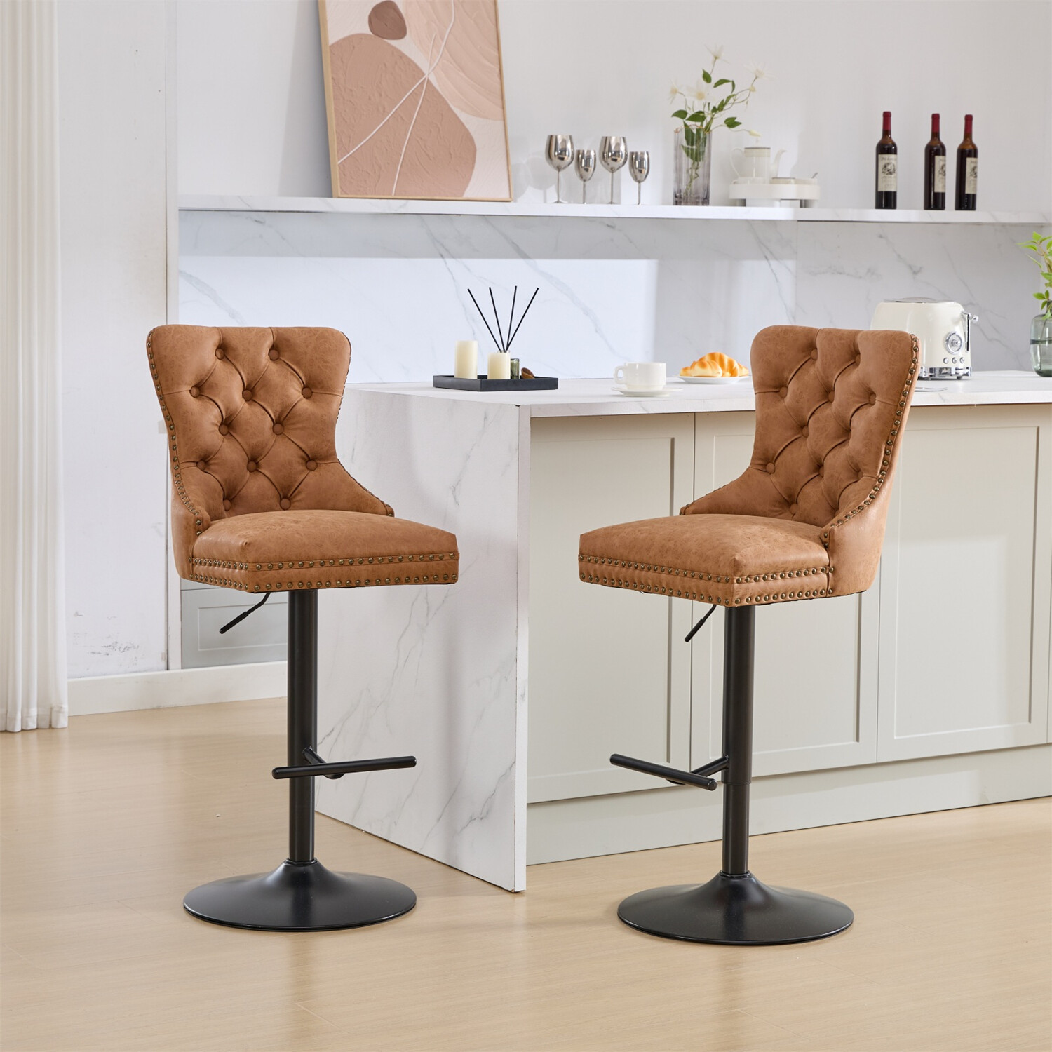 Set of 2 Swivel Bar Stools PU Bar Chair Adjustable Height Kitchen Dining Chairs