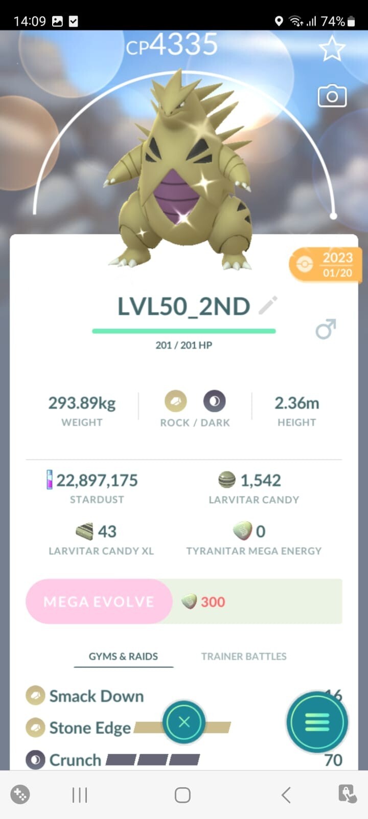 PVP BEAST! ✨ SHINY  LVL50 TYRANITAR w/2ºMOVE!! ✨ - PKMN GO!!! - NOT REGISTERED!