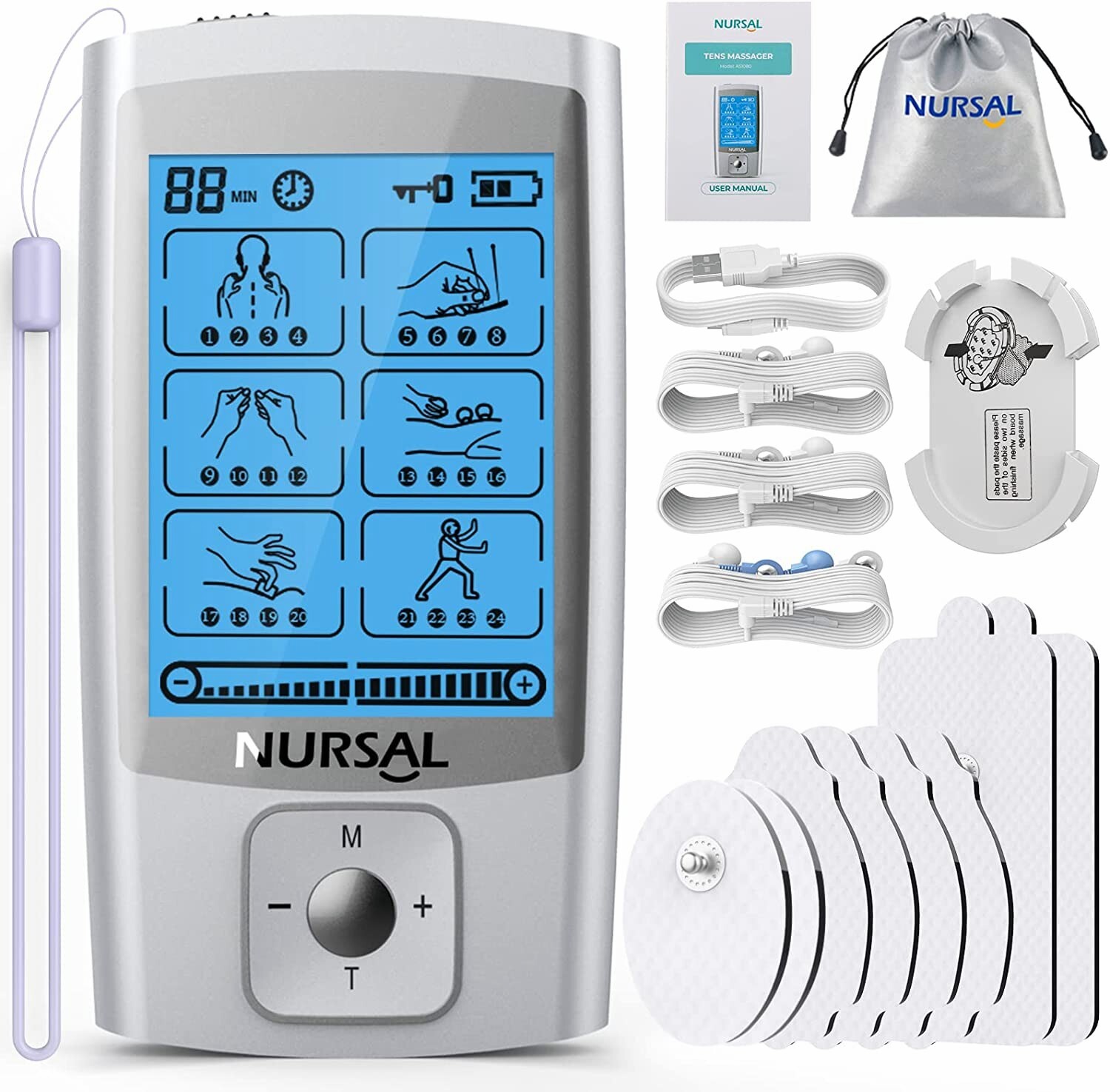 NURSAL 24 Modes TENS Unit Muscle Stimulator with Continuous Stimulation 8 Pads