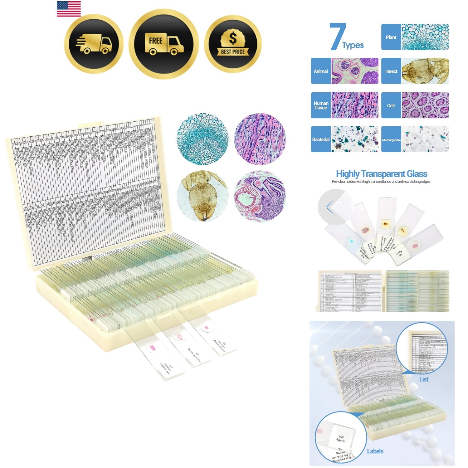 120 Microscope Slides with Specimens for Kids and Adults, Prepared Slides for...