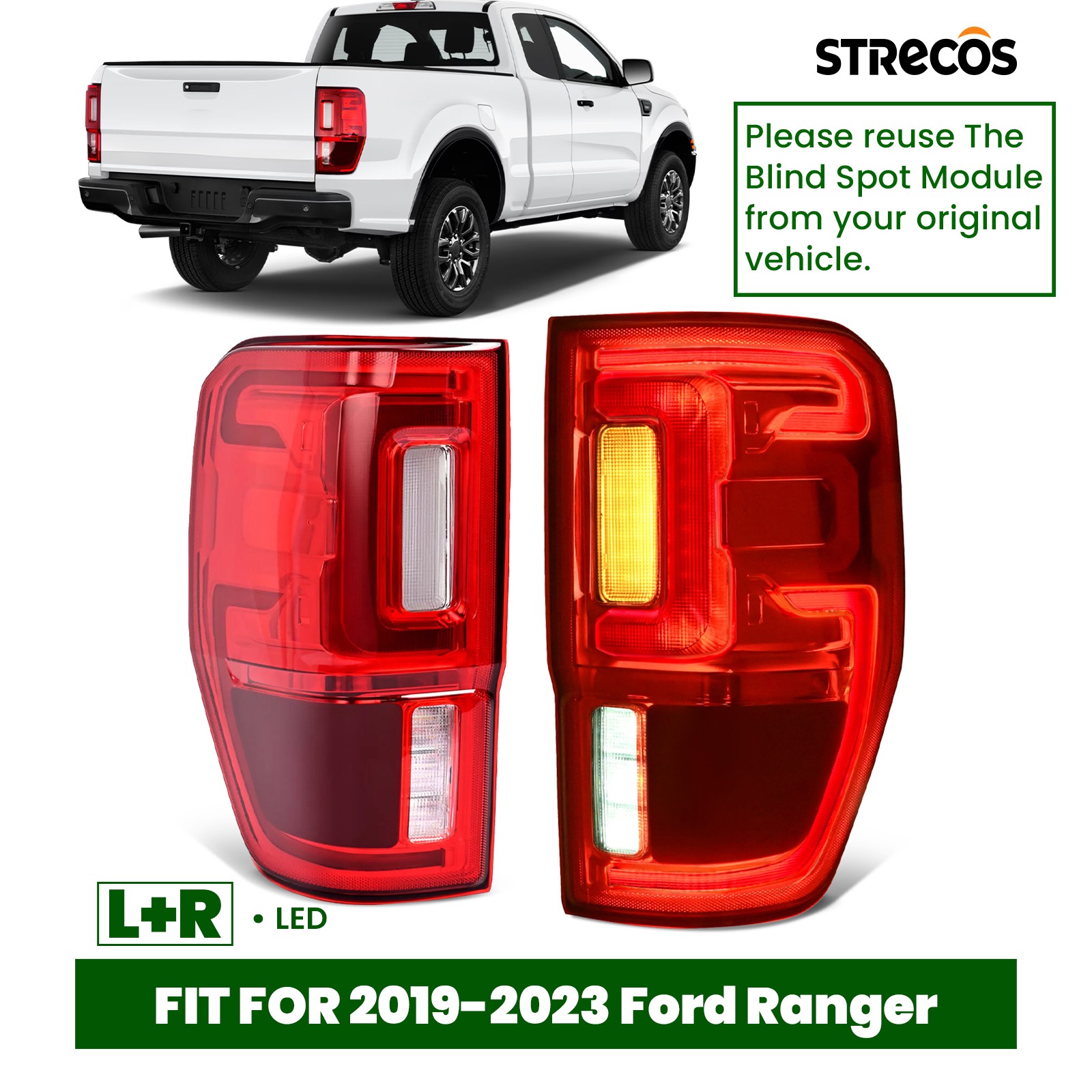 LED Tail Lights For 2019-2023 Ford Ranger XL XLT W/Blind Spot Pair Left + Right