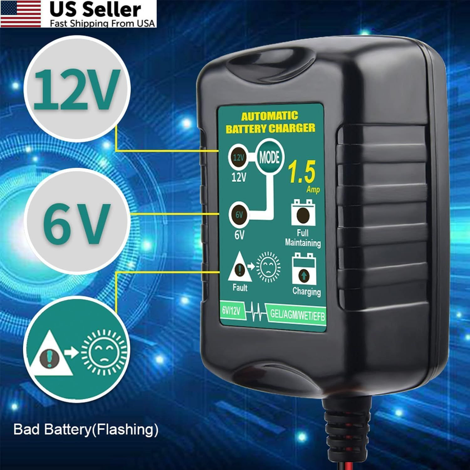 12V / 6V Battery Trickle Charger Maintainer, 1.5A Automatic Smart Float Black