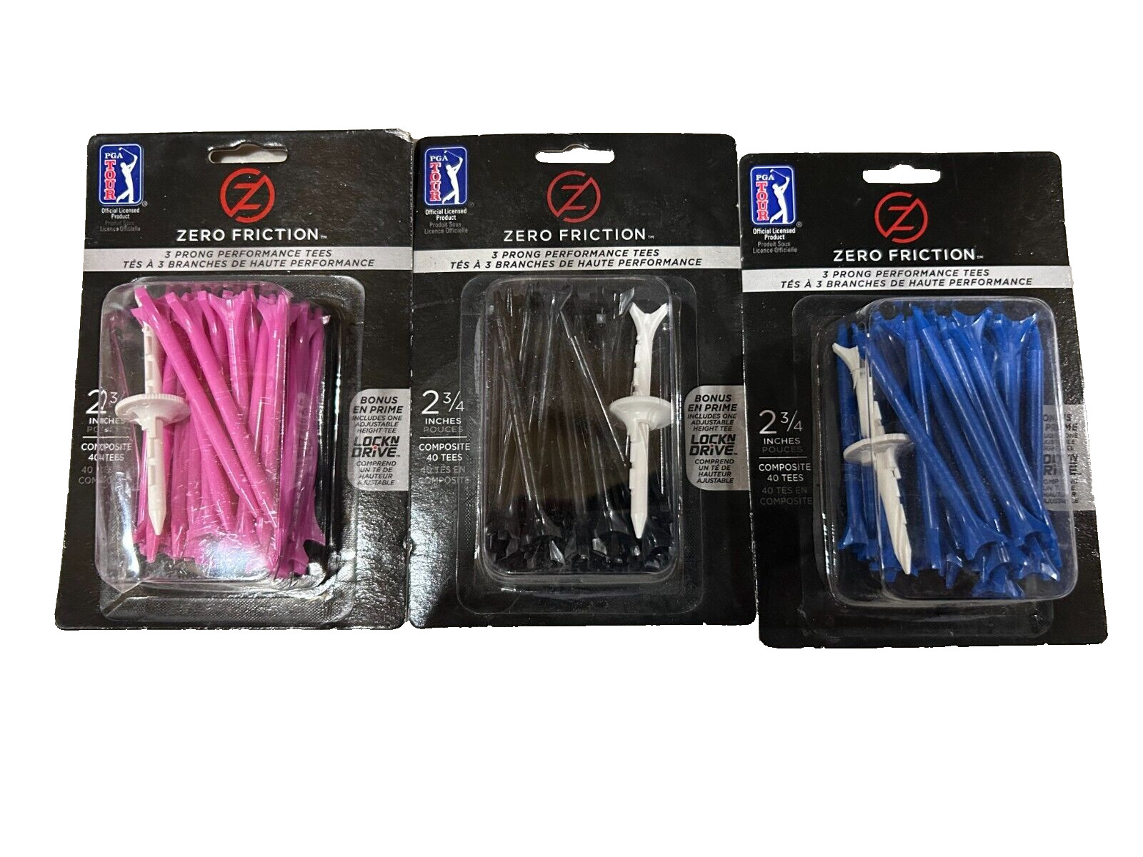 Zero Friction Lock n Drive Performance Golf Tees 3-Prong Top 2 3/4" - Pack of 40