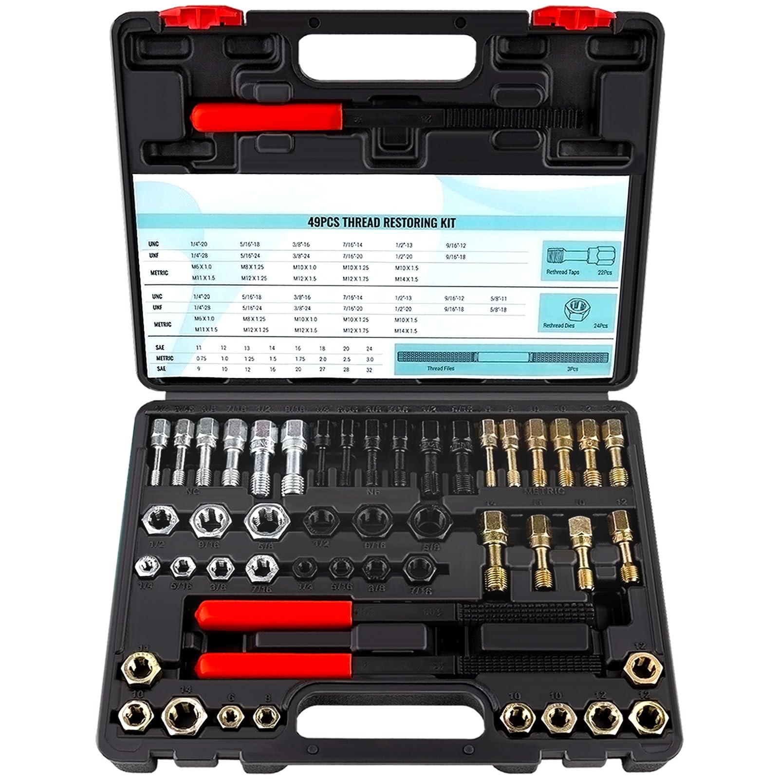 49-Piece Thread Chaser Set, UNC UNF & Metric Thread Repair Kit with Taps, Dies