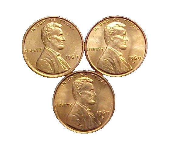 1969-PDS Set Ch/Gem BU Red Lincoln Cents-3 Great Collector Coins-c7278xux