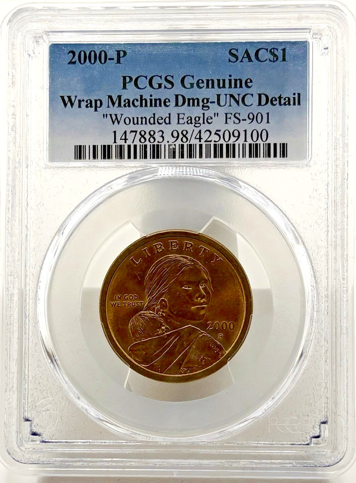 2000-P $1 Sacagawea PCGS Genuine Wrap Machine Damage UNC Detail "Wounded Eagle"