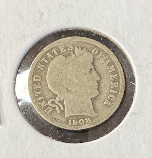 1908-P Barber Dime 10c Silver United States Coin Free Shipping