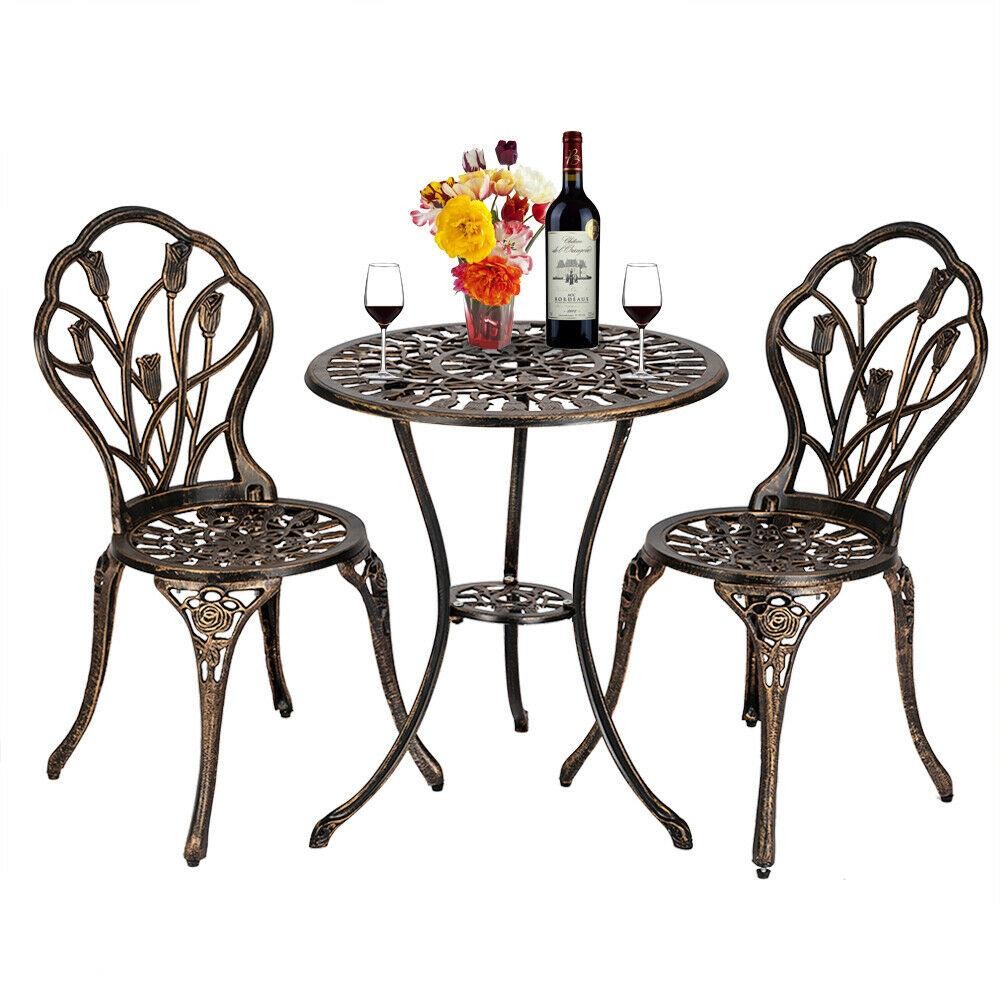 3 PCS Bistro Set Antique Outdoor Patio Furniture Leaf Design Cast Aluminum Home