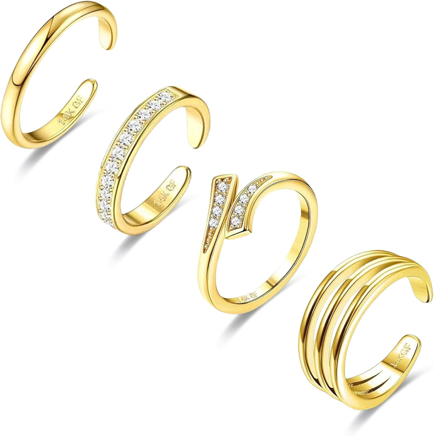 4PCS Toe Rings for Women Gold Adjustable 14K Gold Filled Toe Ring Set Simple Cut