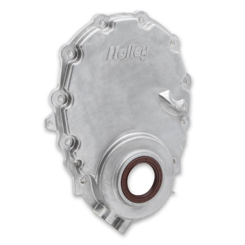 Holley Timing Cover 21-152; Cast Aluminum w/Crank Sensor for 55-02 SBC, Vortec