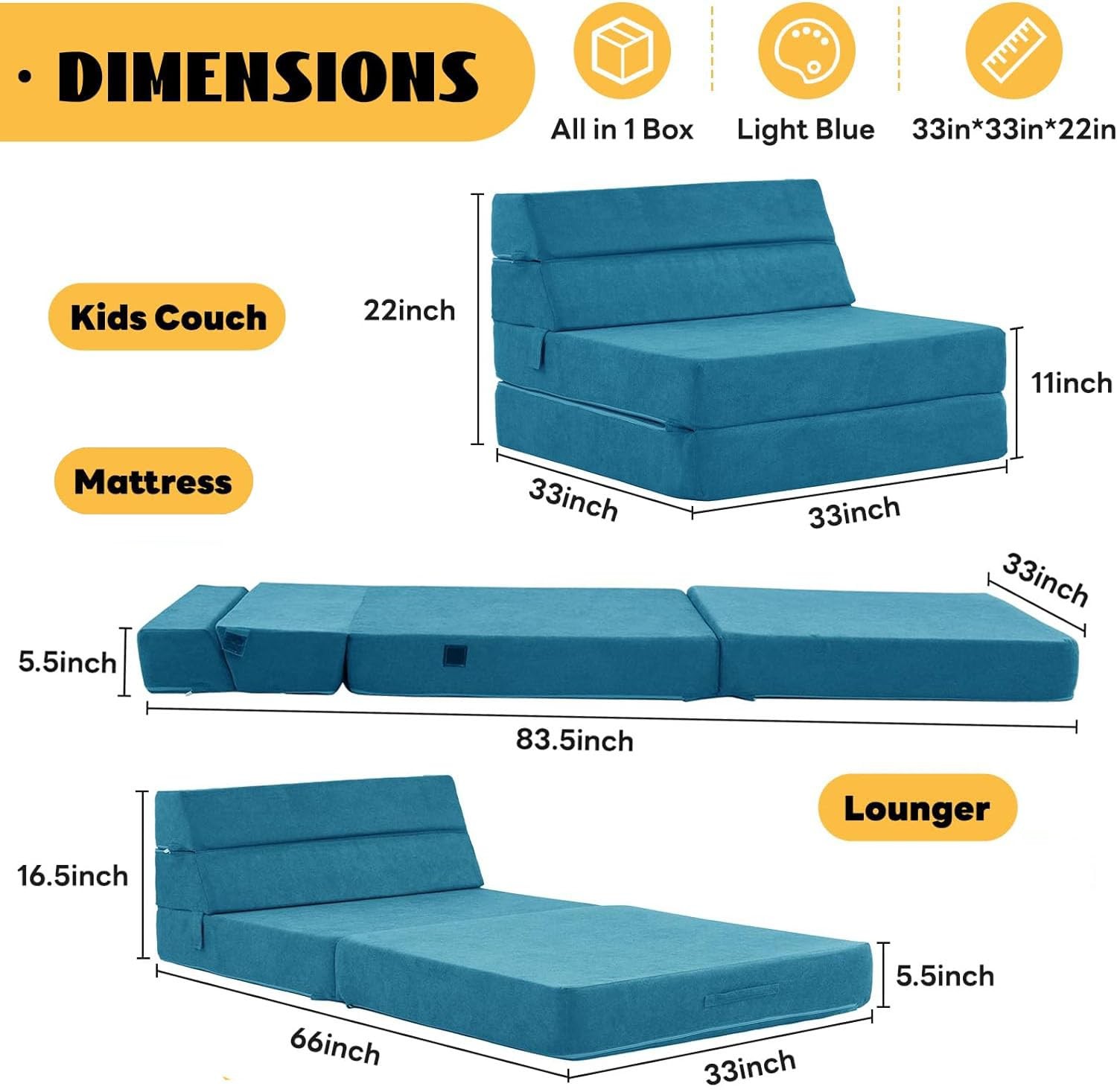 Foldable Sofa Bed, Convertible Sleeper Lounge Chair Floor Mattress Floor Couc...