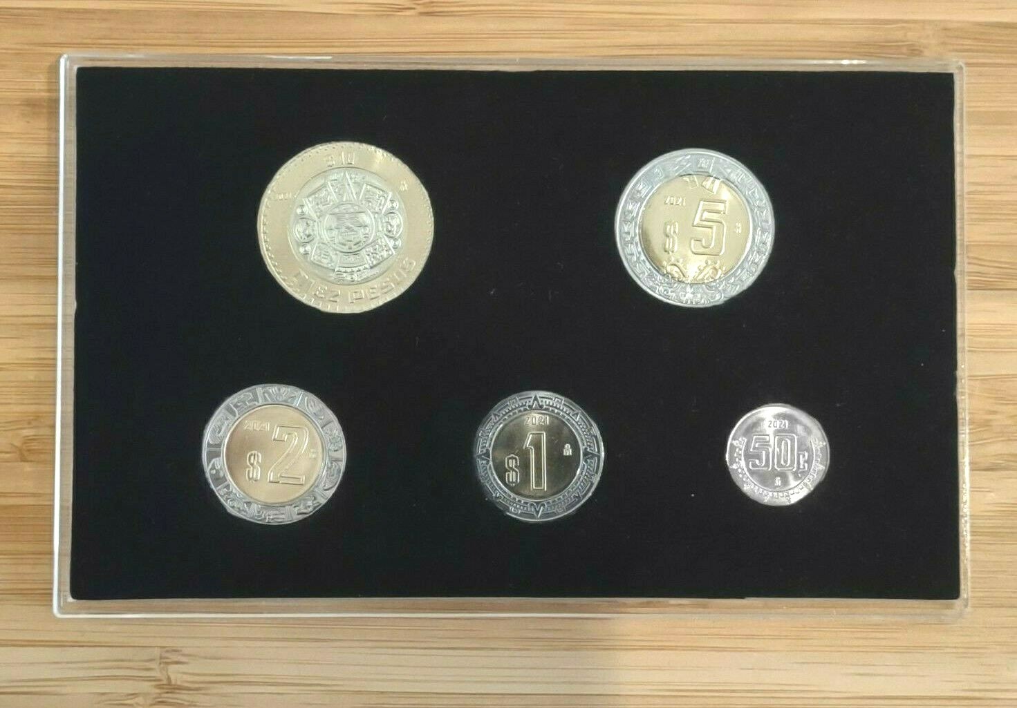 SET 5 MONEDAS MEXICO  10 5 2 1 .50 PESOS 5 PCS COIN SET ACRYLIC DISPLAY CASE
