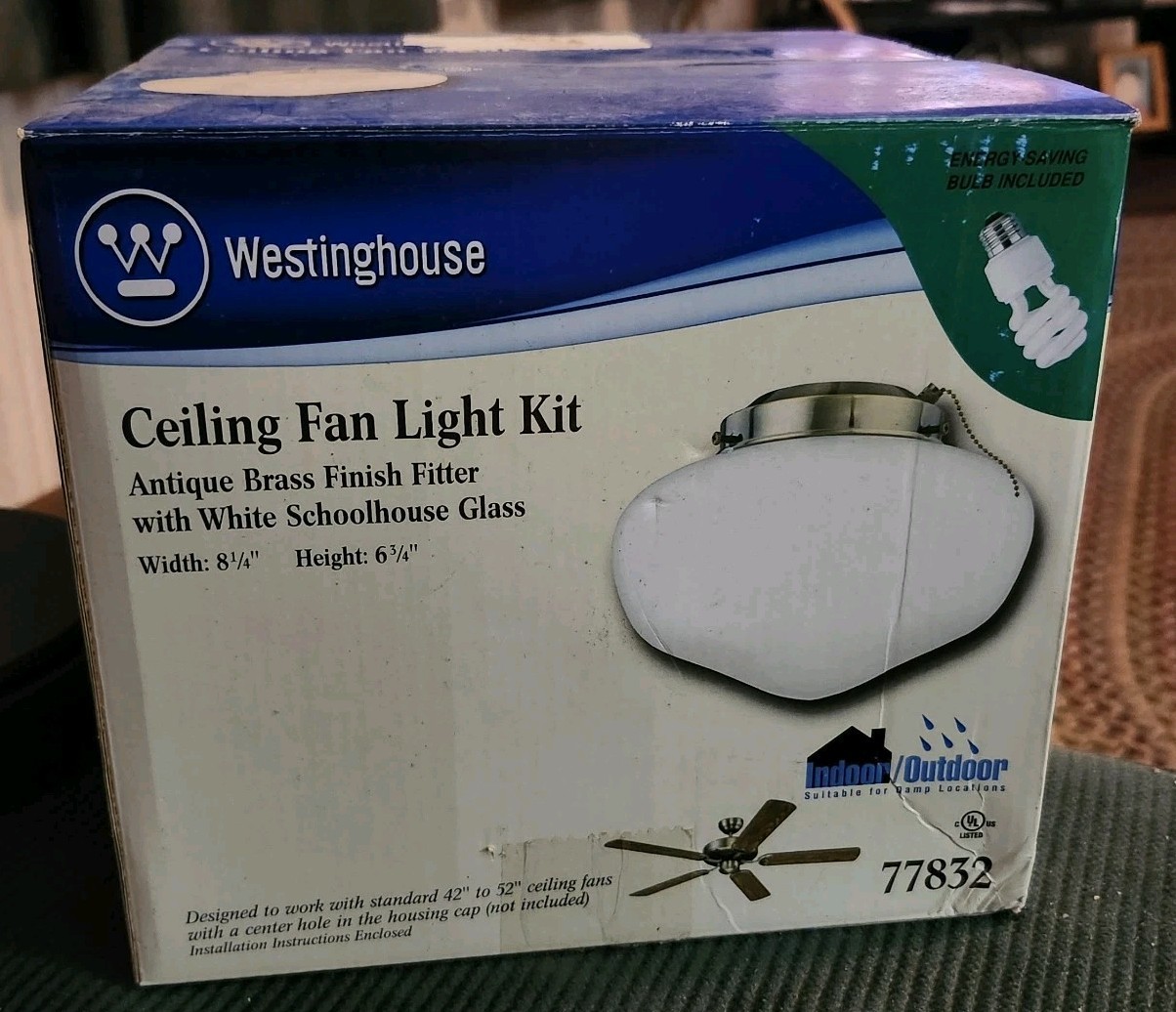 WESTINGHOUSE CEILING FAN LIGHT KIT #77832 ANTIQUE BRASS FINISH SCHOOLHOUSE GLASS