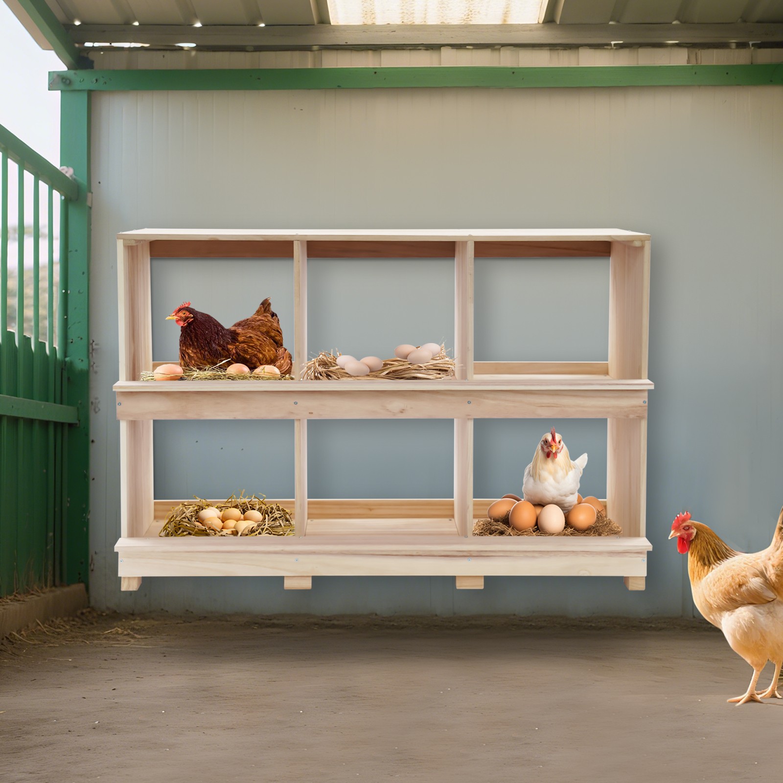 6 Compartment Wooden Nesting Box for Chickens, Chicken Laying Egg Boxes Poultry