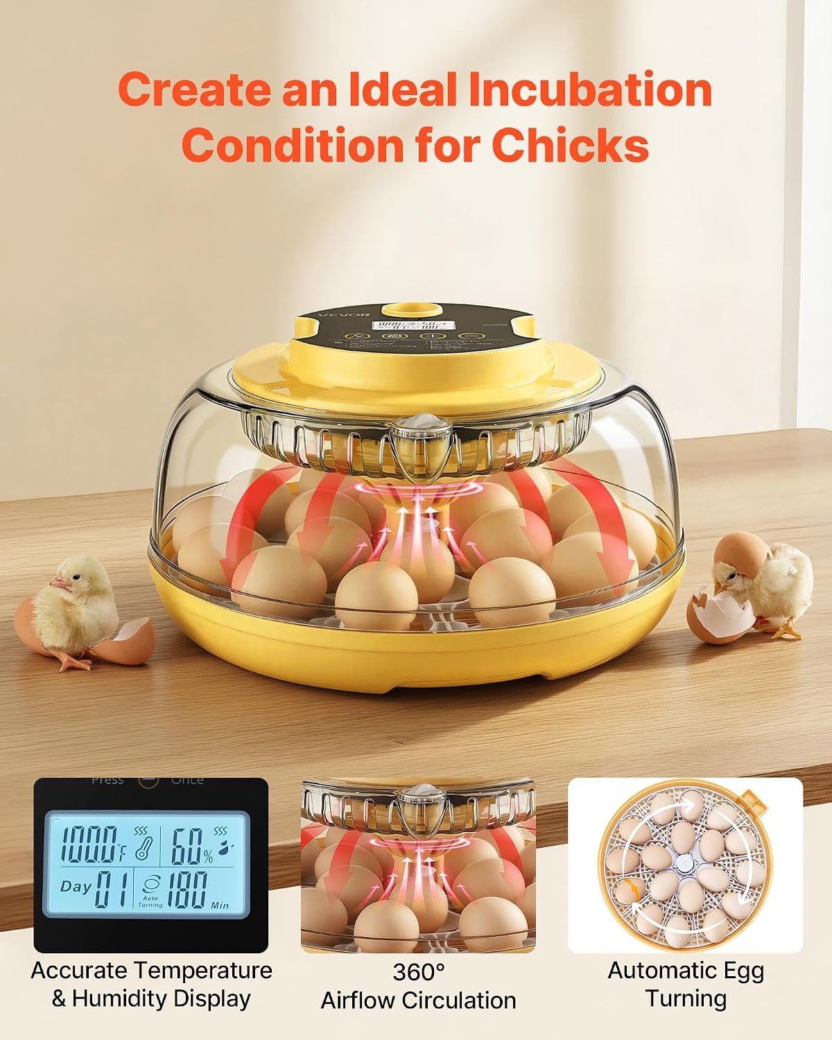 18 Egg Incubator, Automatic Egg Turner with LED Candler, Temperature & Humidity