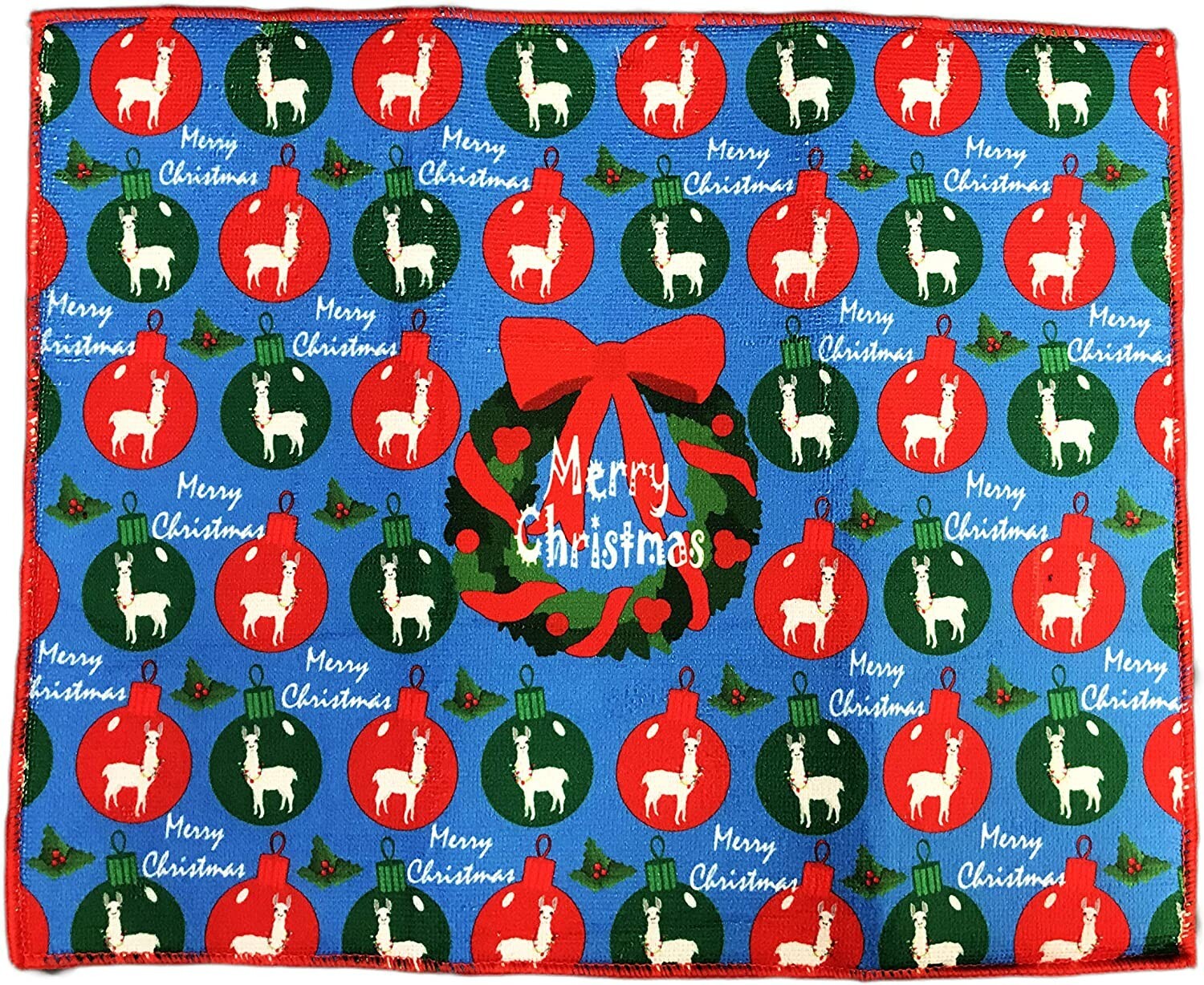 Merry Christmas Festive Llamas in Red & Green Ornaments Holiday Dish Drying Mat