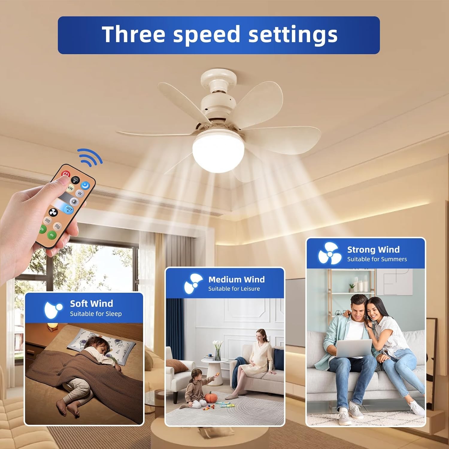 Large Ceiling Fan E27 Socket Fan 30W with Dimmable LED Light Remote Controller