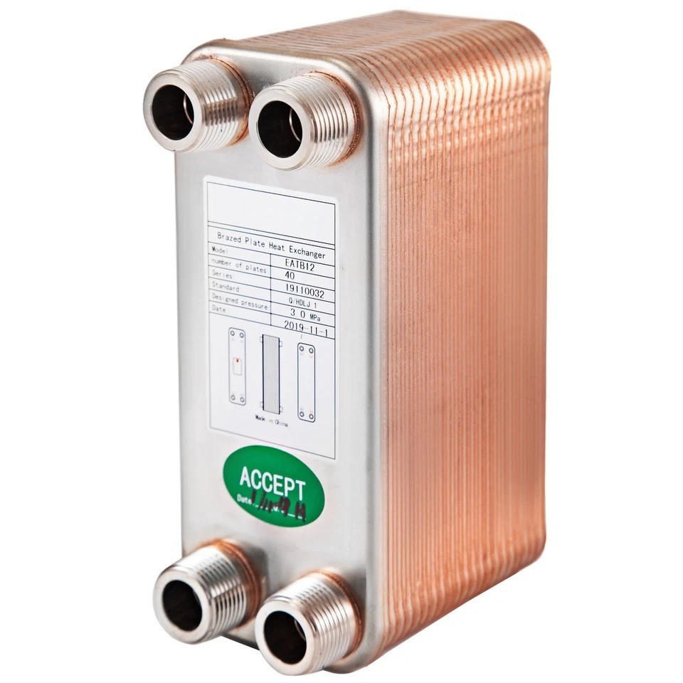 40 Plate Heat Exchanger 3/4" MNPT Ports 3x8" Brazed Plate Heat Exchanger