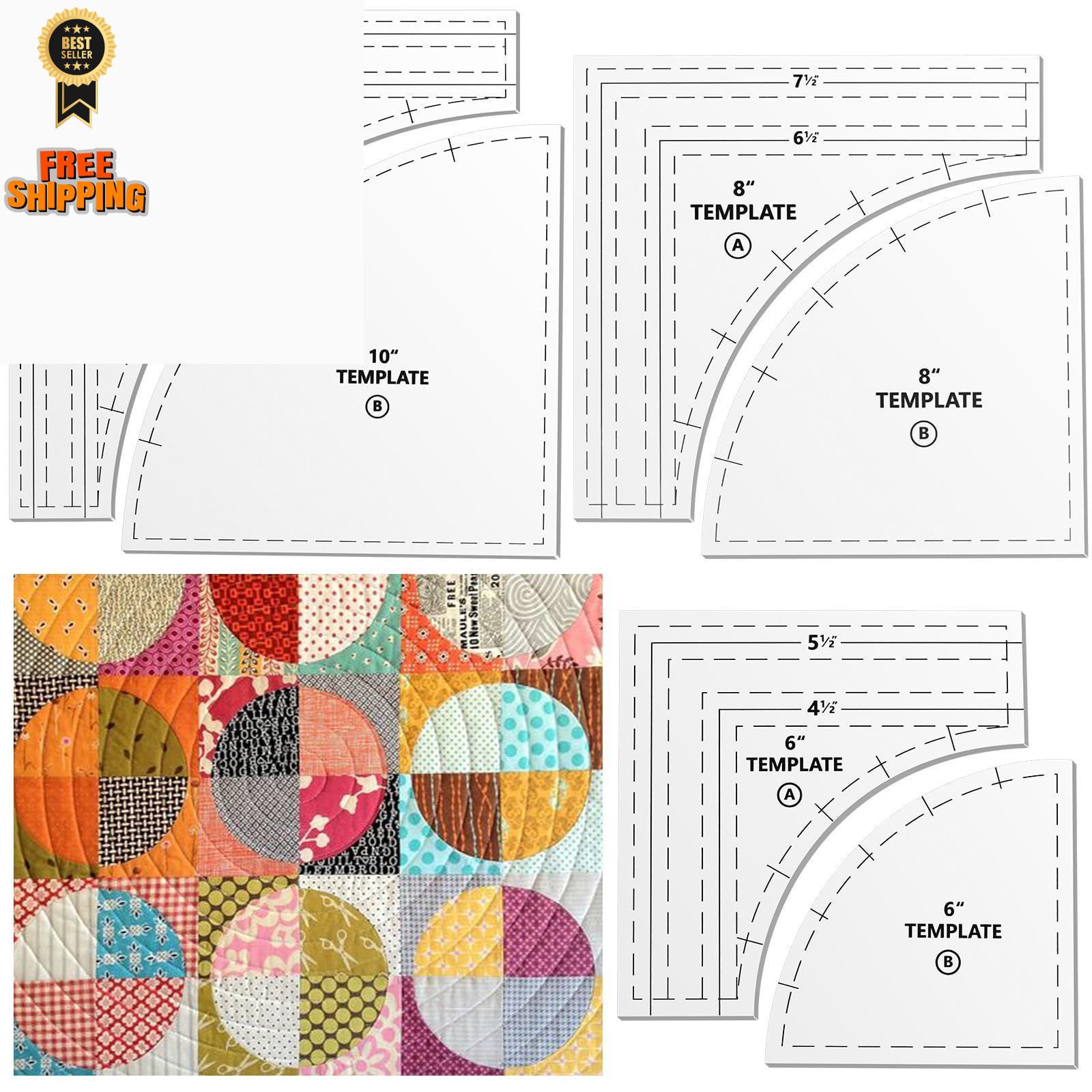 Kigley 3 Set Drunkards Path Quilting Templates Large 10, 8, 6 inch, Clear