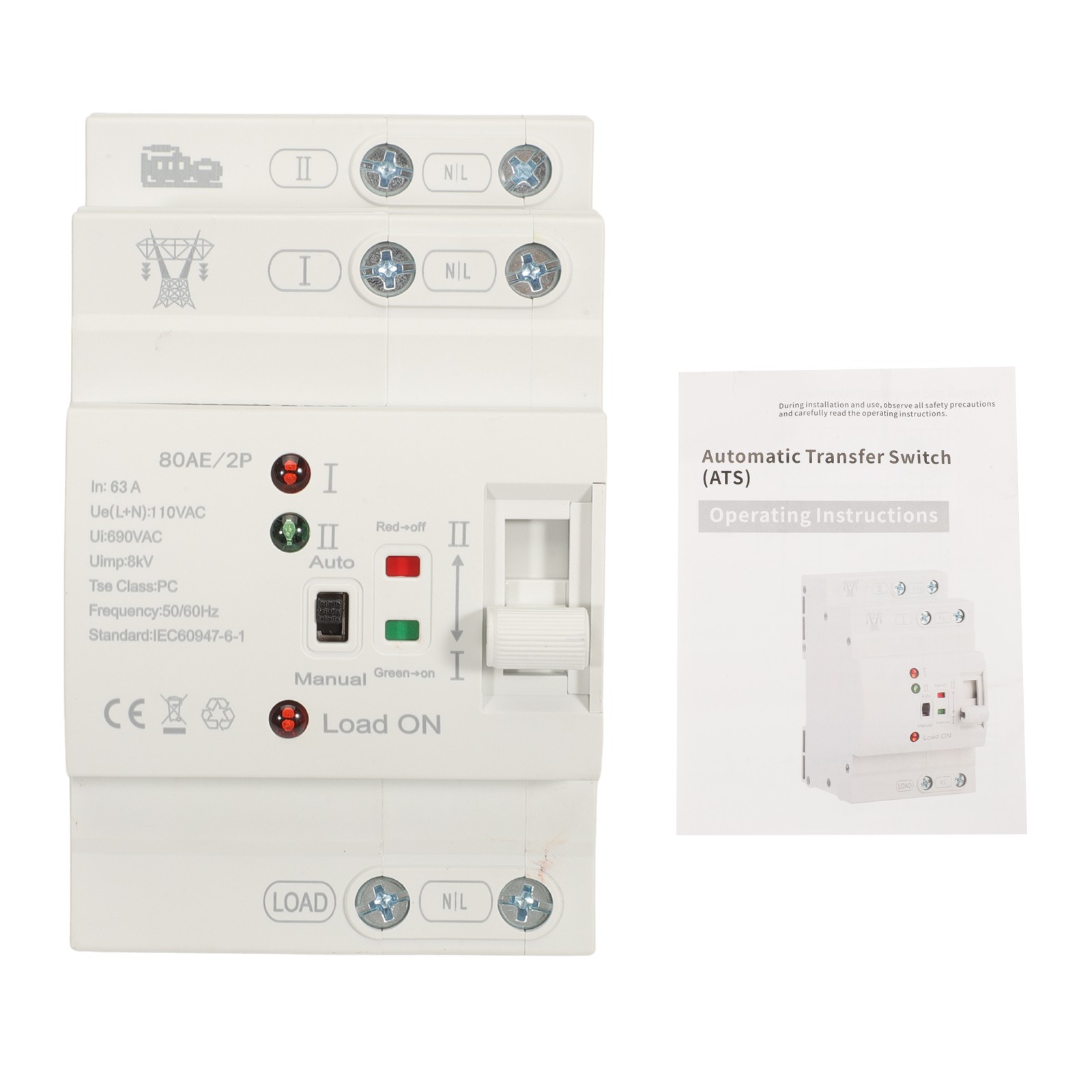 NEW Mini Dual Power Automatic Transfer Switch Grid to Alternator 2P 63A 110V