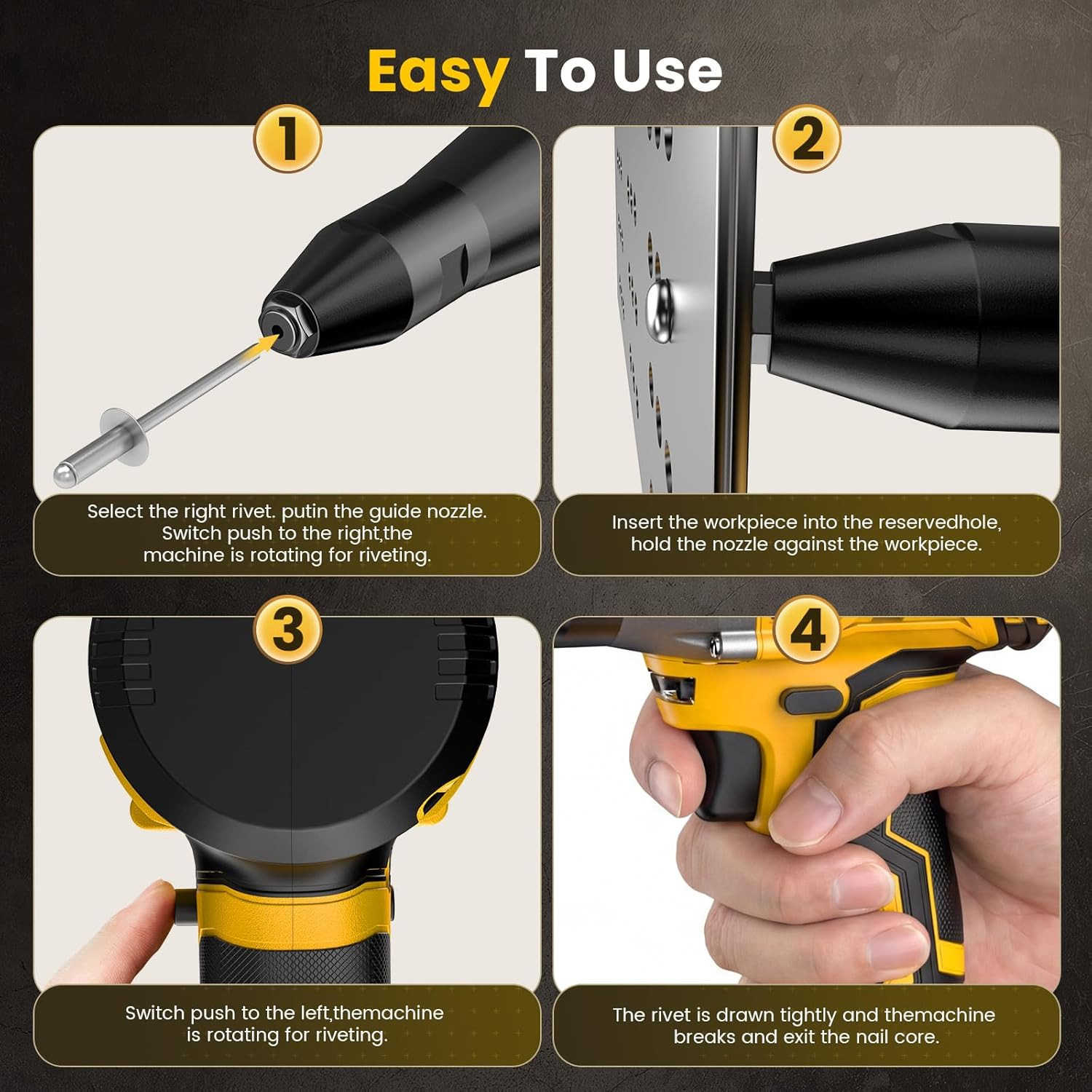 Cordless Electric Rivet Gun Tool 20V Max Battery, Brushless Automatic Kit Rivets