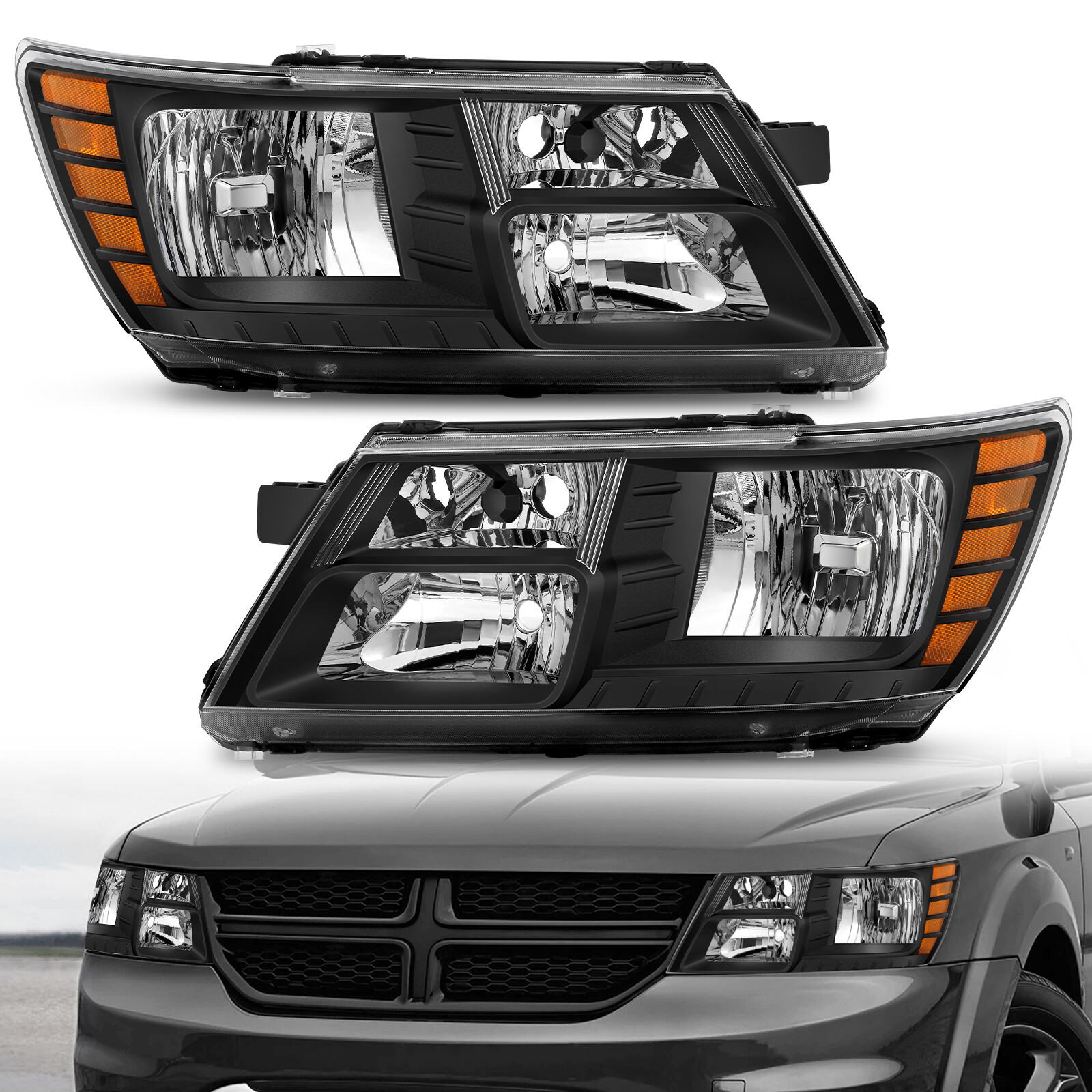 Headlights For 2009-2020 Dodge Journey Black Housing Amber Corner Headlamp LH RH