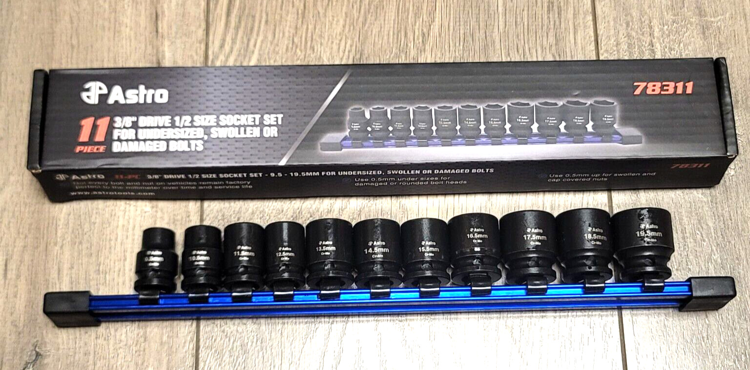 Astro 3/8" dr 11pc Metric Half Size Impact socket Set w/Rail 9.5 to 19.5mm 78311