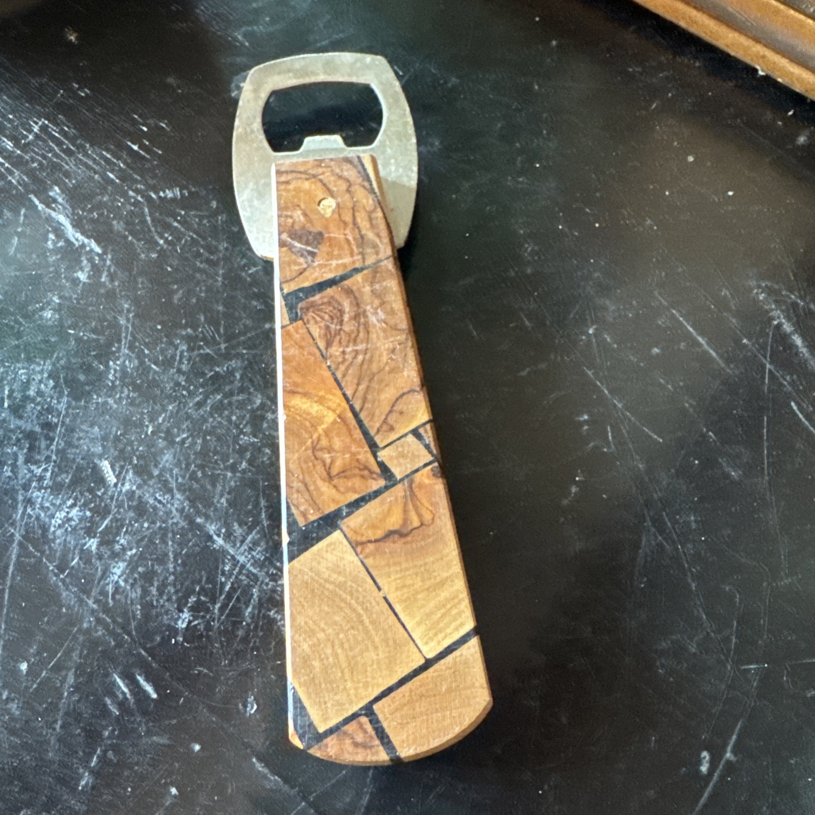 Vintage Olive Wood & Metal Israel Made Bottle Opener