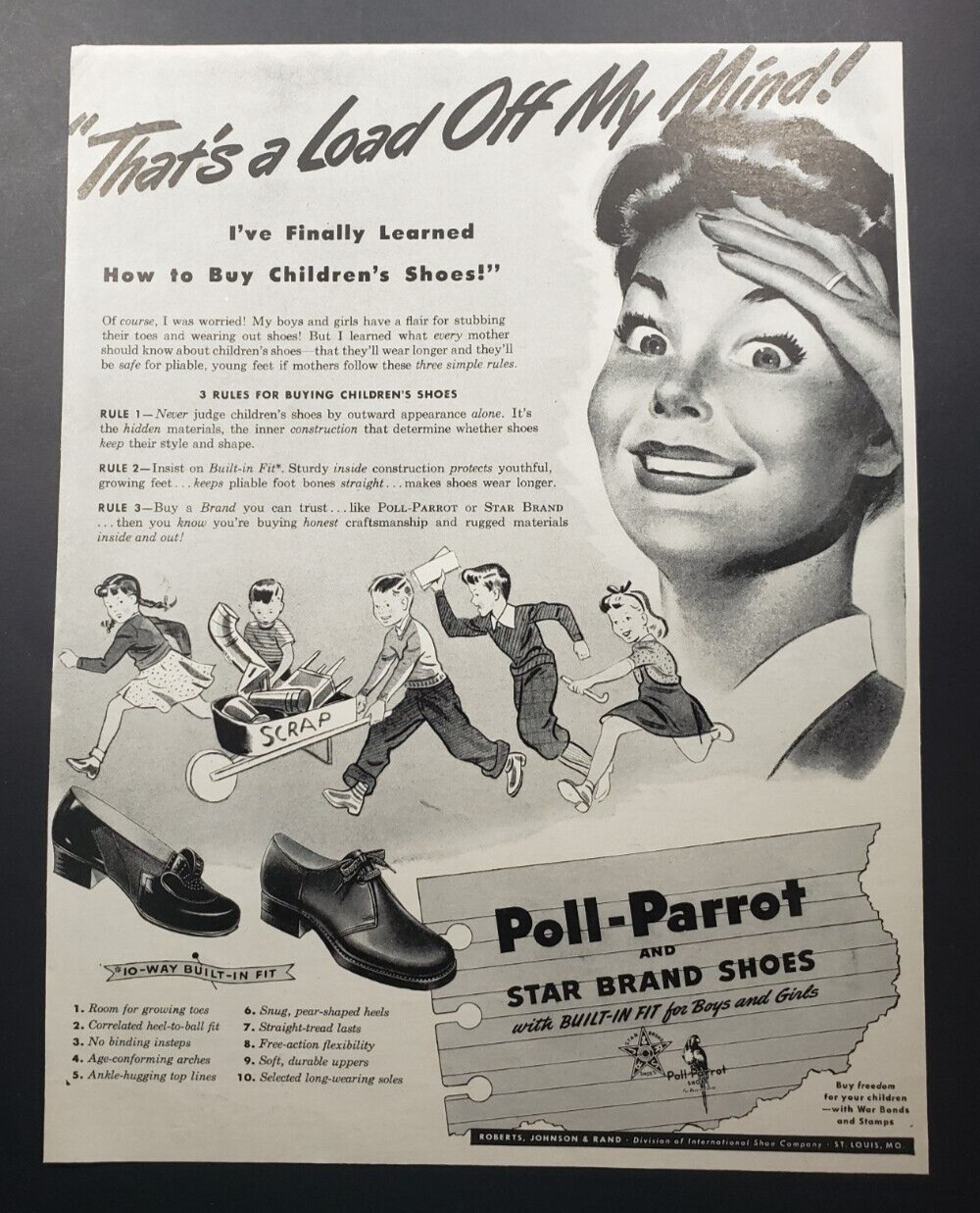 1943 Poll-Parrot & Star Brand Children's Shoes Children Running WWII Print Ad