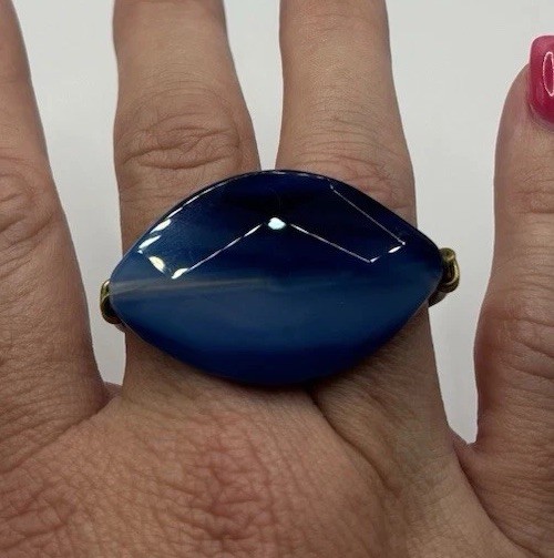 Blue Banded Faceted Agate Double Ring In Brass Wire Wrap slightly adjustable 7