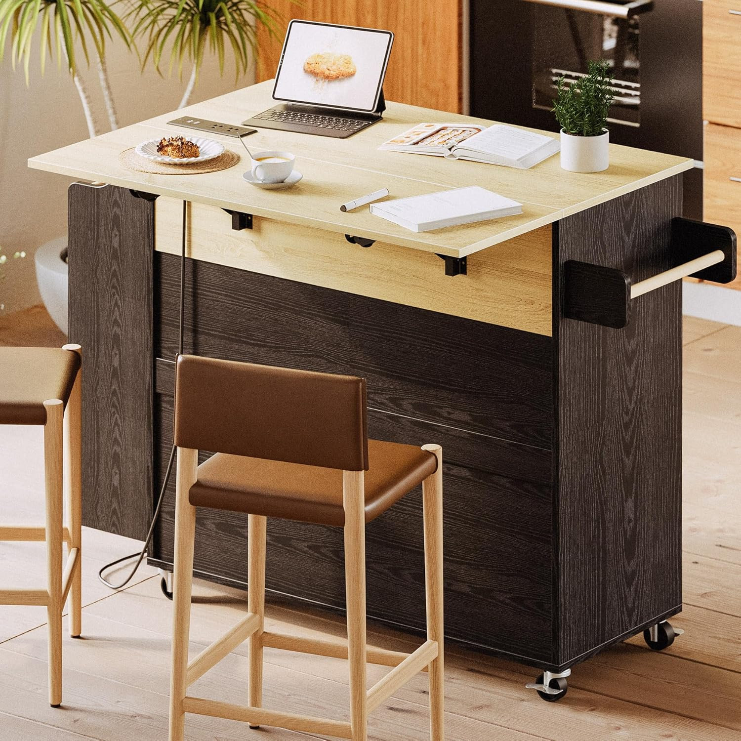 Kitchen Island with Storage, Rolling Kitchen Island on Wheels with Drop Leaf, Ch