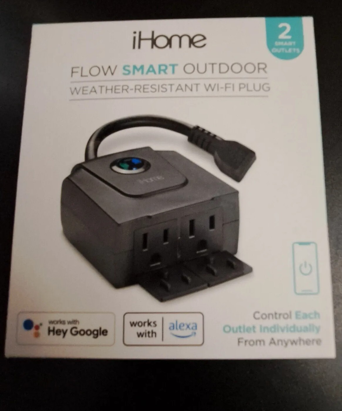 iHome Flow Smart Outdoor Weather - Resistant Wi-Fi Plug 2 smart outlets - New