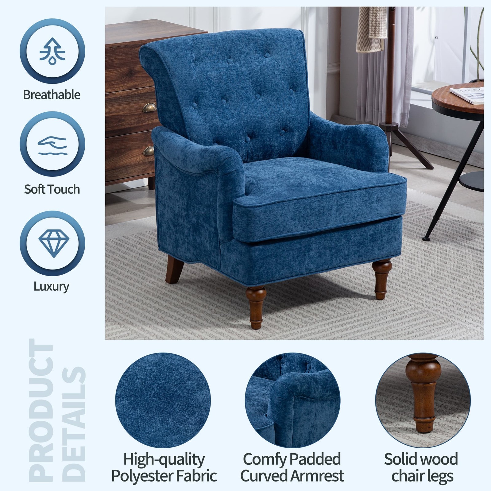 Blue Chenille Accent Chair 300LBS Upholstered Springs Cushions Retro Wooden Legs