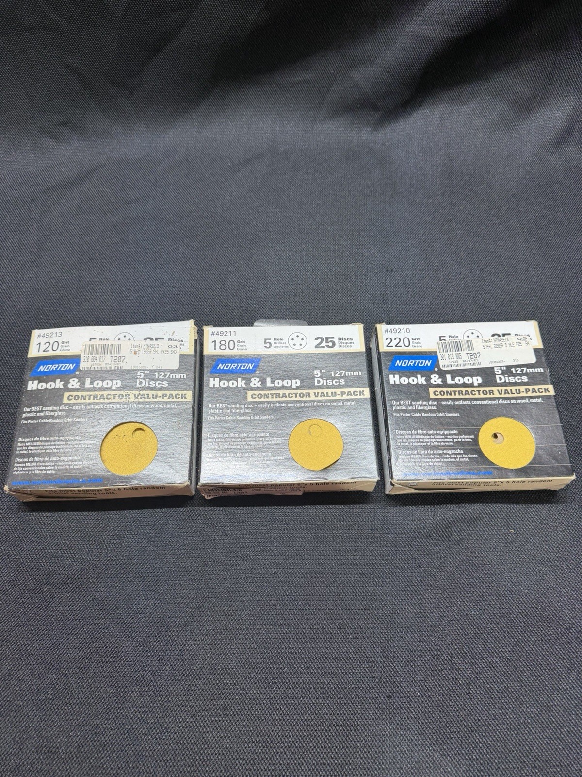 Norton Hook & Hoop 5” 127mm Discs 25 Pack, 3 Packs; 120, 180, 220 Grit