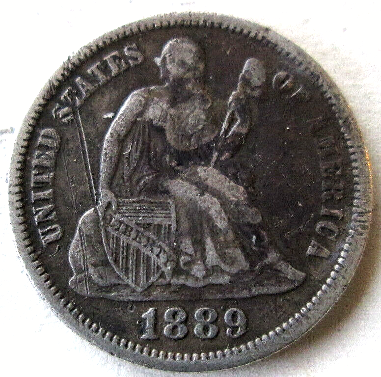 1889-P SEATED LIBERTY DIME, REVERSE DIE CLASH ERROR, F++, CIRCULATED