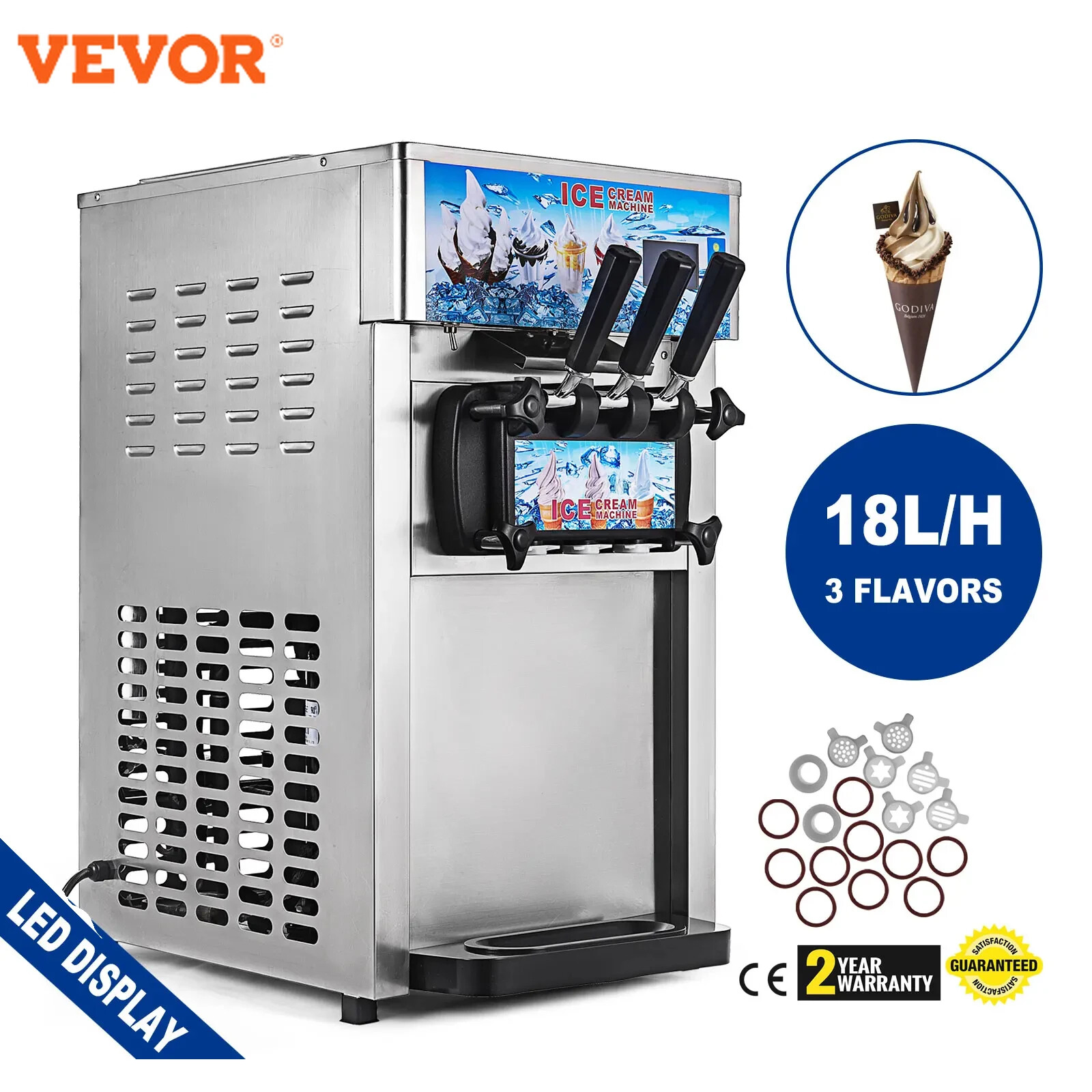 VEVOR 1200W Commercial Ice Cream Machine Countertop Soft Serve Maker Tool 18L/H